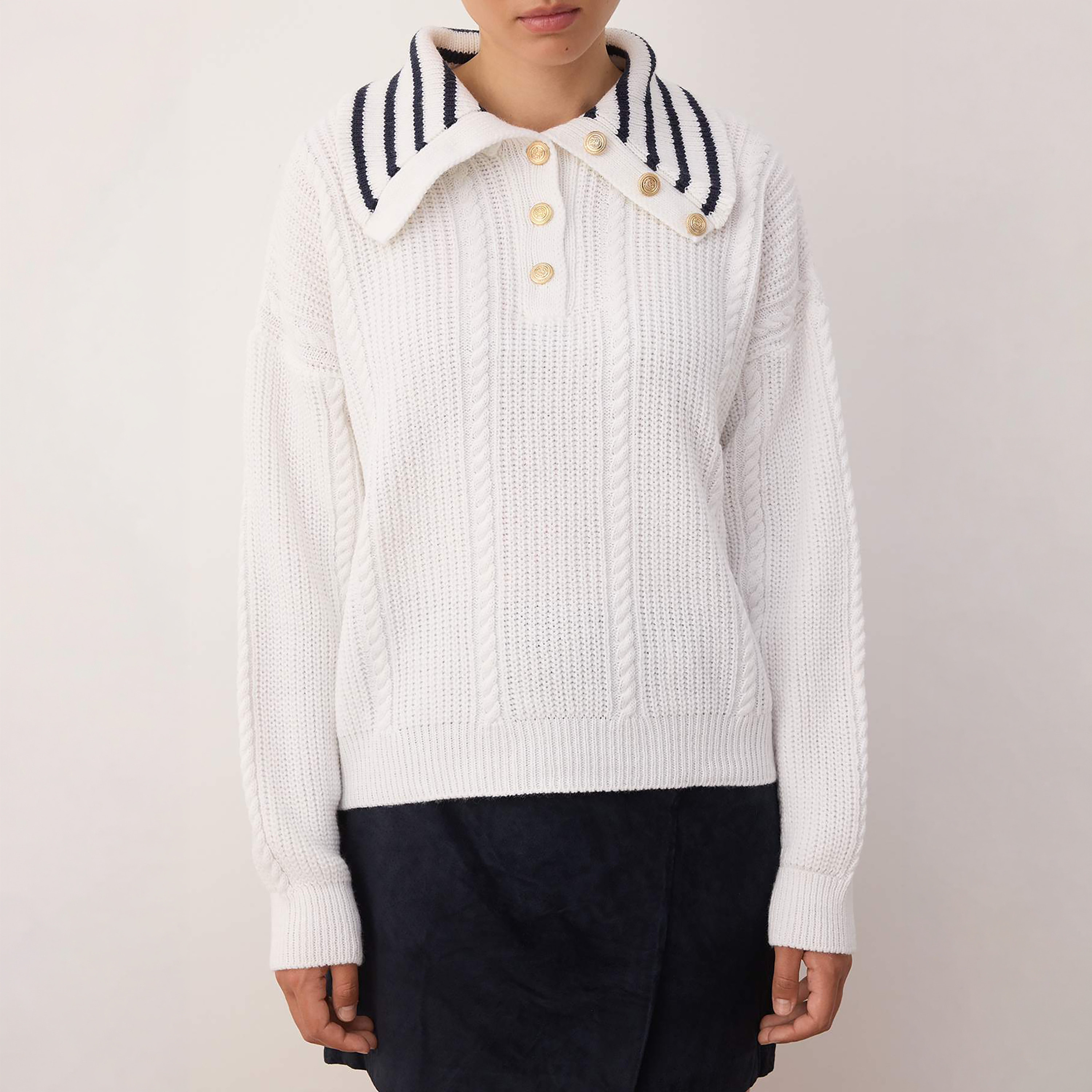 Trendyolmilla White Cable Knitted Collared Dropped Sleeves Women's Sweater-women-winterwear-cardigansandjumpers-jumpers-image-5