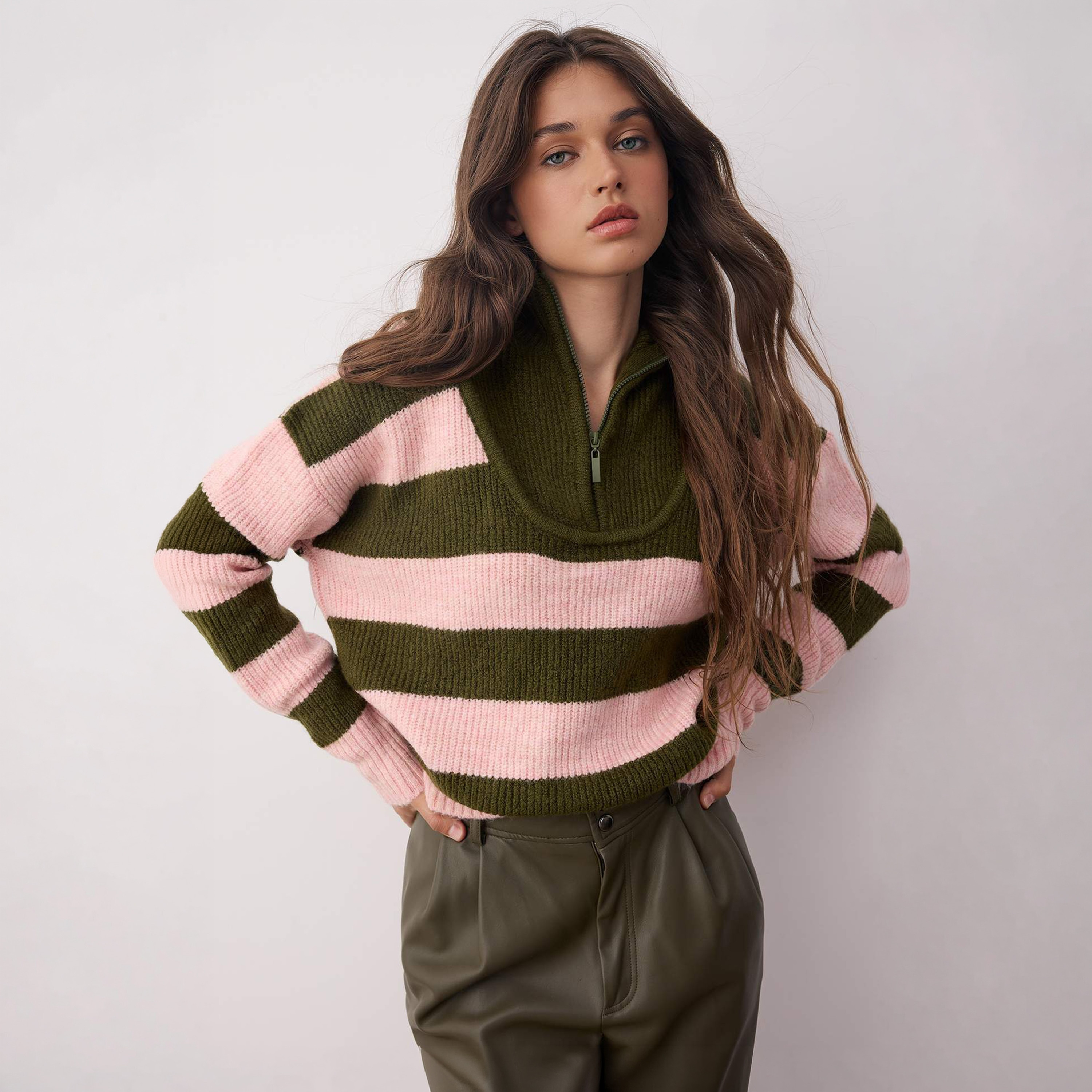 Trendyolmilla Green Striped High Neck Dropped Sleeves Women's Sweater-women-winterwear-cardigansandjumpers-jumpers-image-1