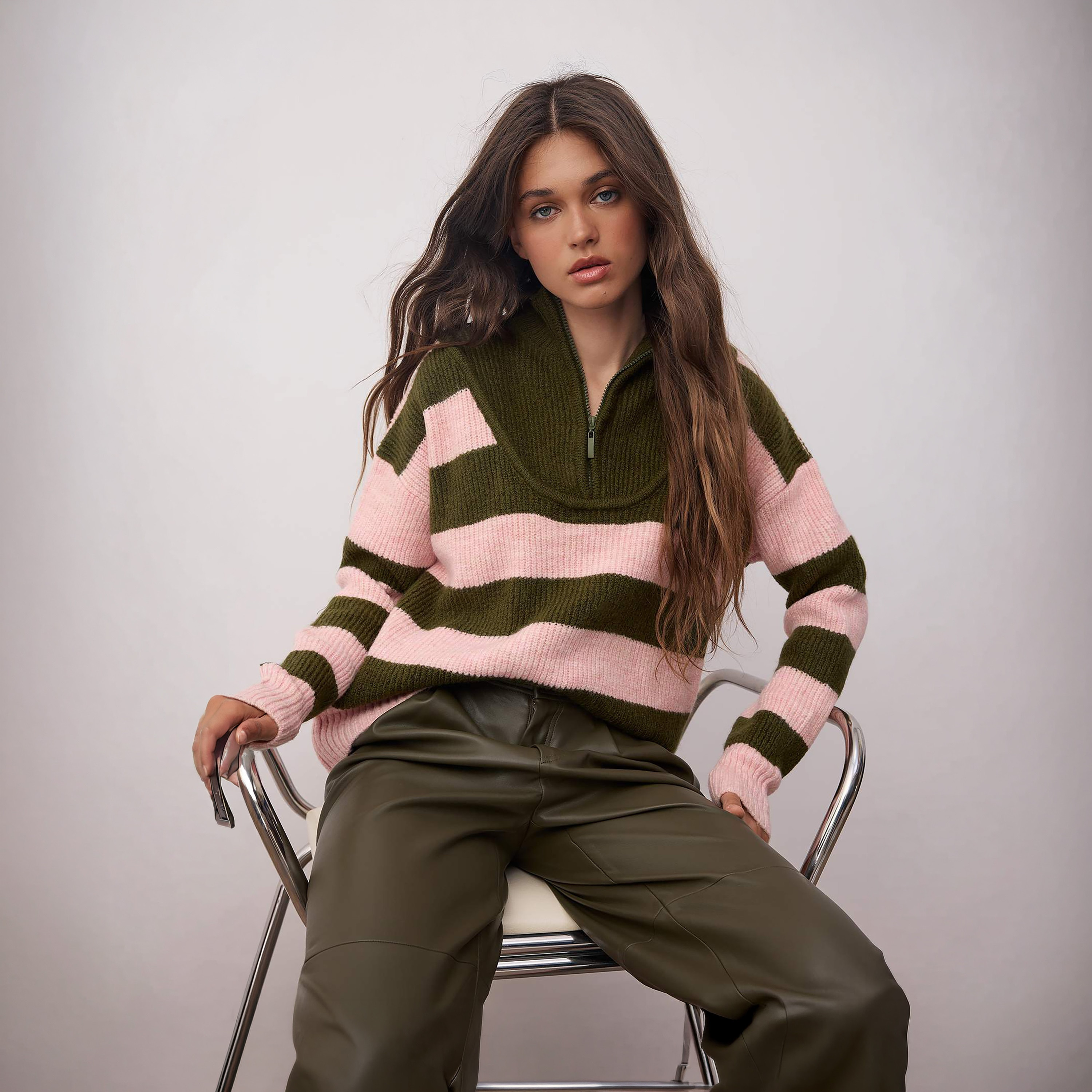Trendyolmilla Green Striped High Neck Dropped Sleeves Women's Sweater-women-winterwear-cardigansandjumpers-jumpers-image-2