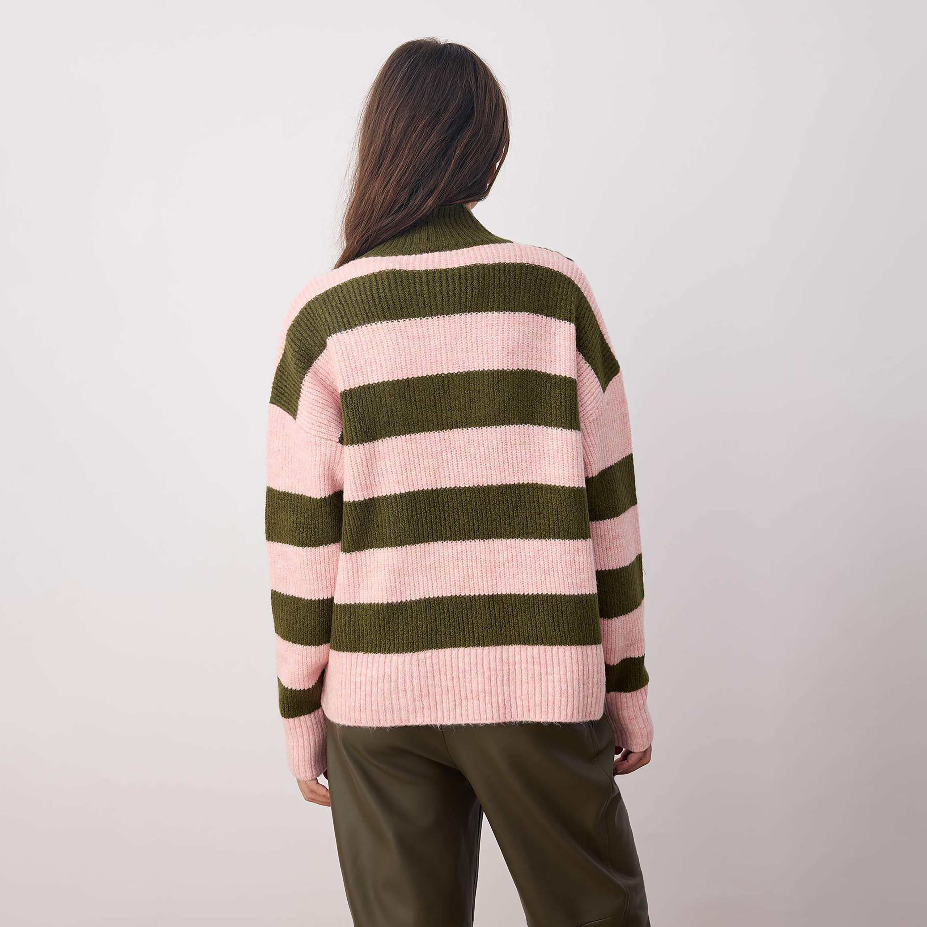 Trendyolmilla Green Striped High Neck Dropped Sleeves Women's Sweater-women-winterwear-cardigansandjumpers-jumpers-image-3