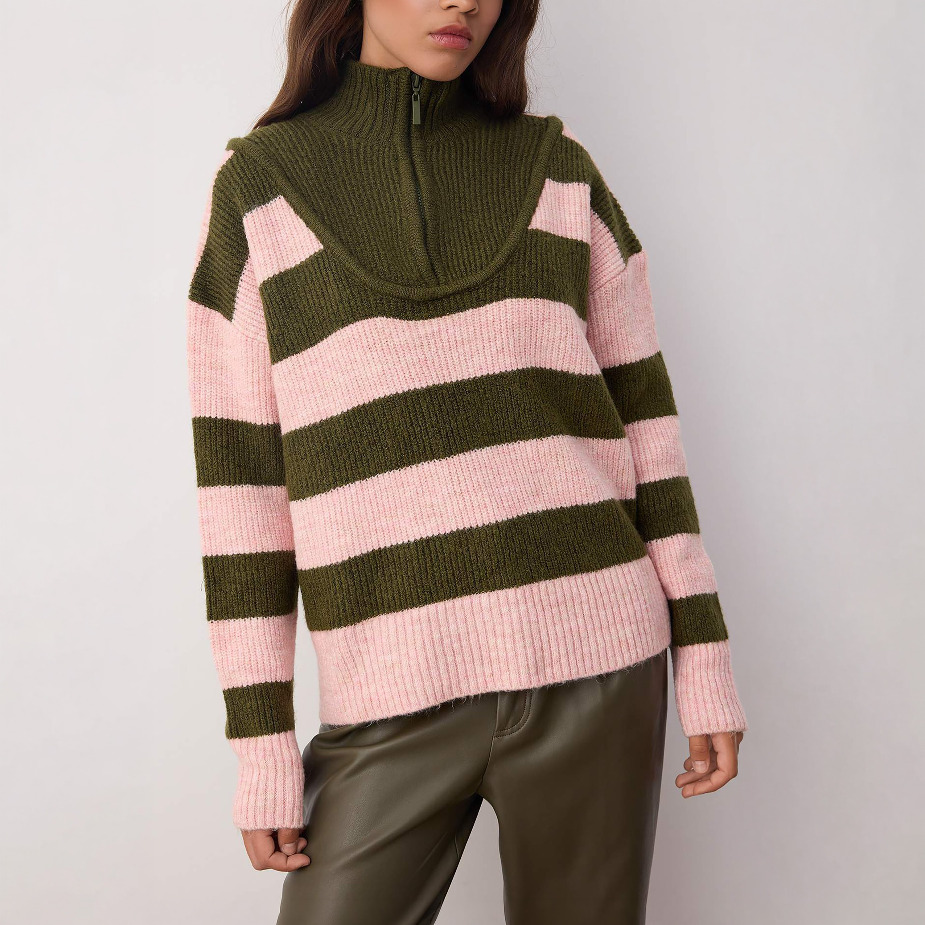 Trendyolmilla Green Striped High Neck Dropped Sleeves Women's Sweater-women-winterwear-cardigansandjumpers-jumpers-image-4