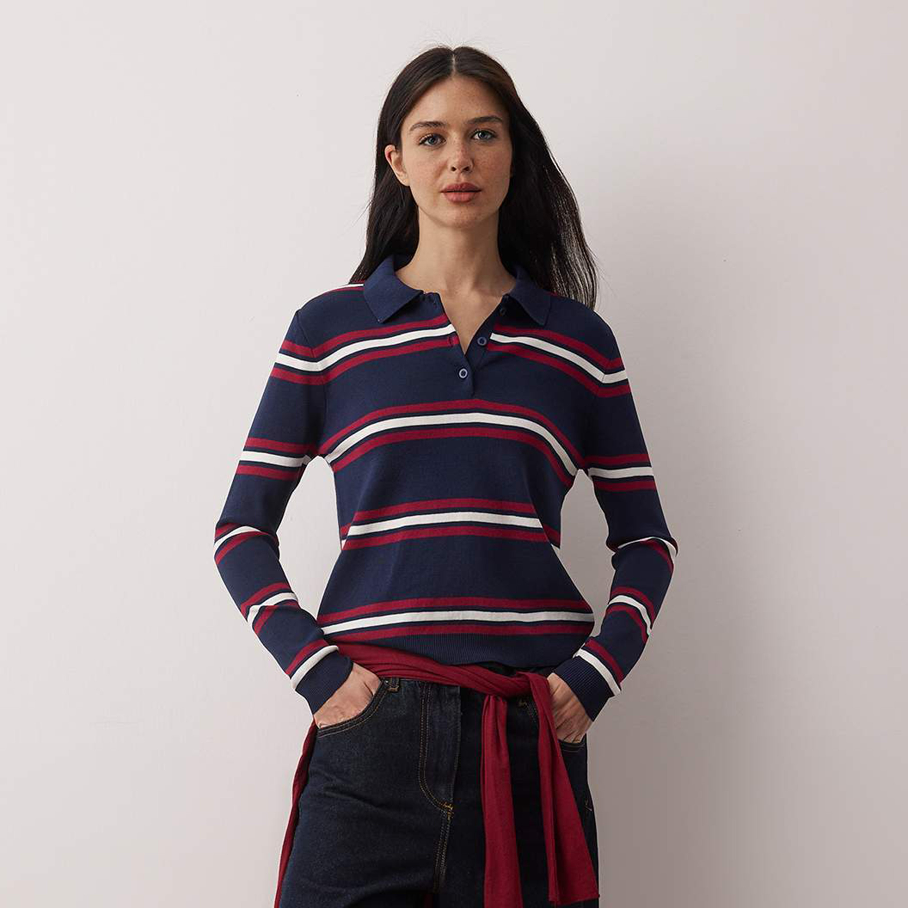 Trendyolmilla Navy Striped Collared Dropped Sleeves Women's Sweater-women-winterwear-cardigansandjumpers-jumpers-image-1