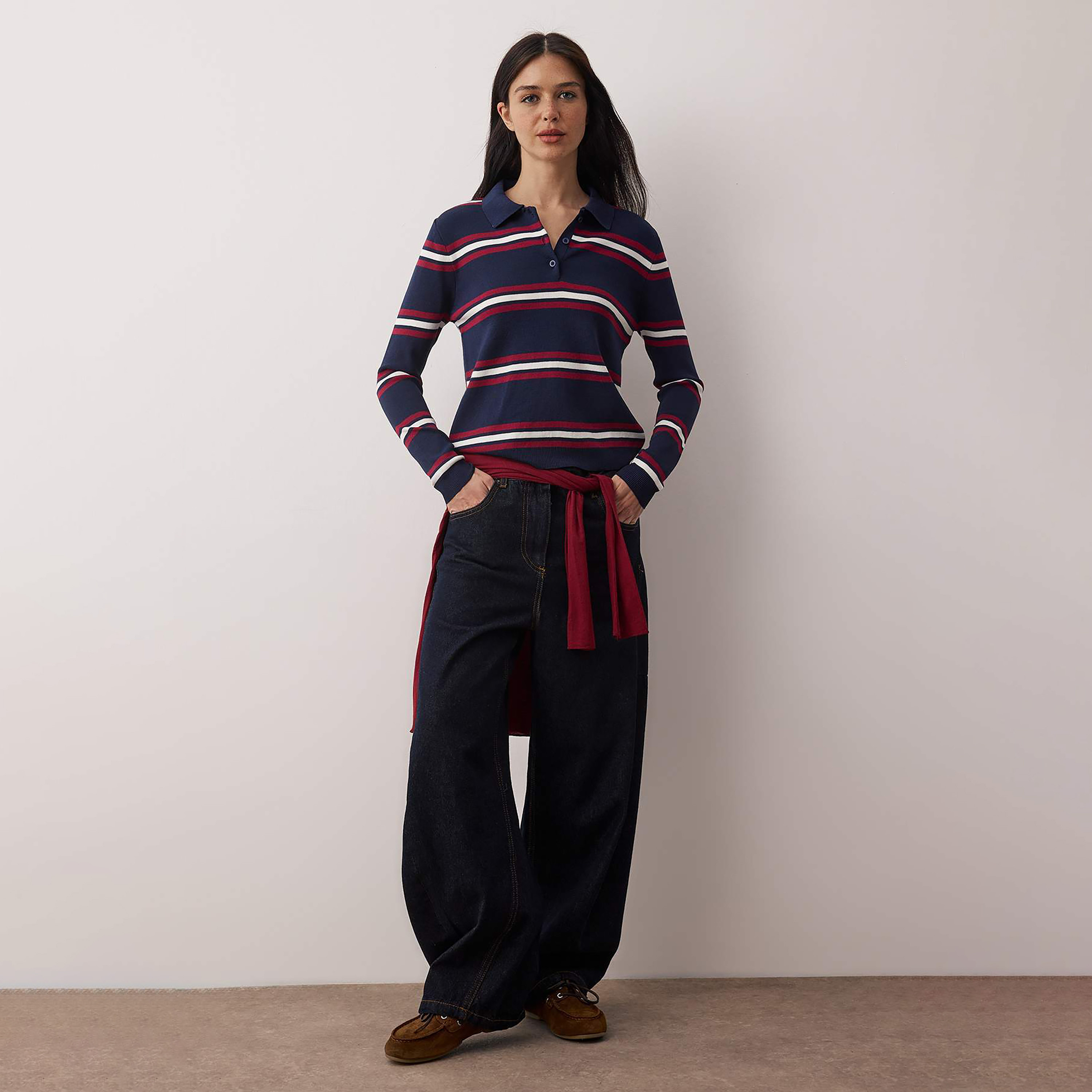 Trendyolmilla Navy Striped Collared Dropped Sleeves Women's Sweater-women-winterwear-cardigansandjumpers-jumpers-image-2