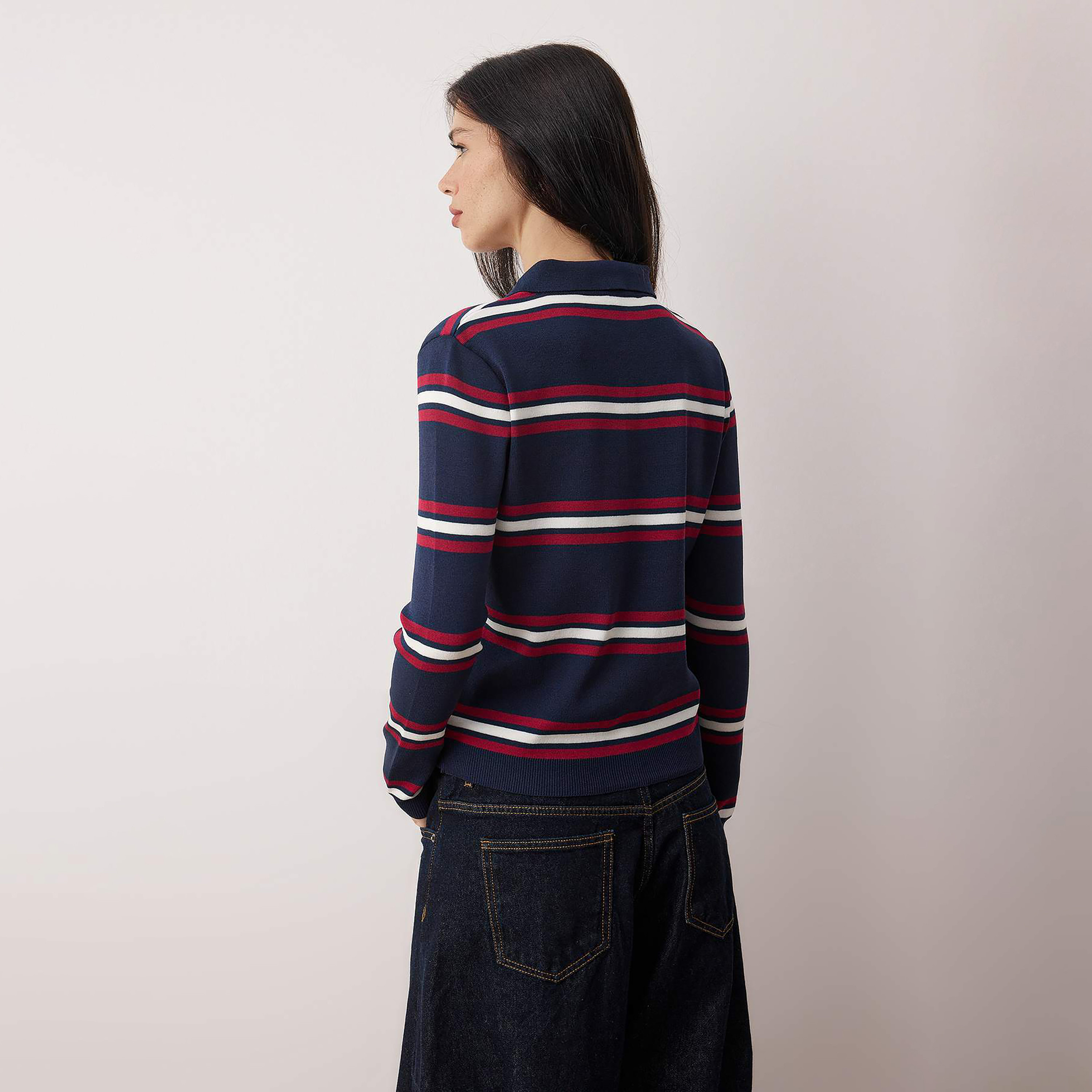 Trendyolmilla Navy Striped Collared Dropped Sleeves Women's Sweater-women-winterwear-cardigansandjumpers-jumpers-image-3