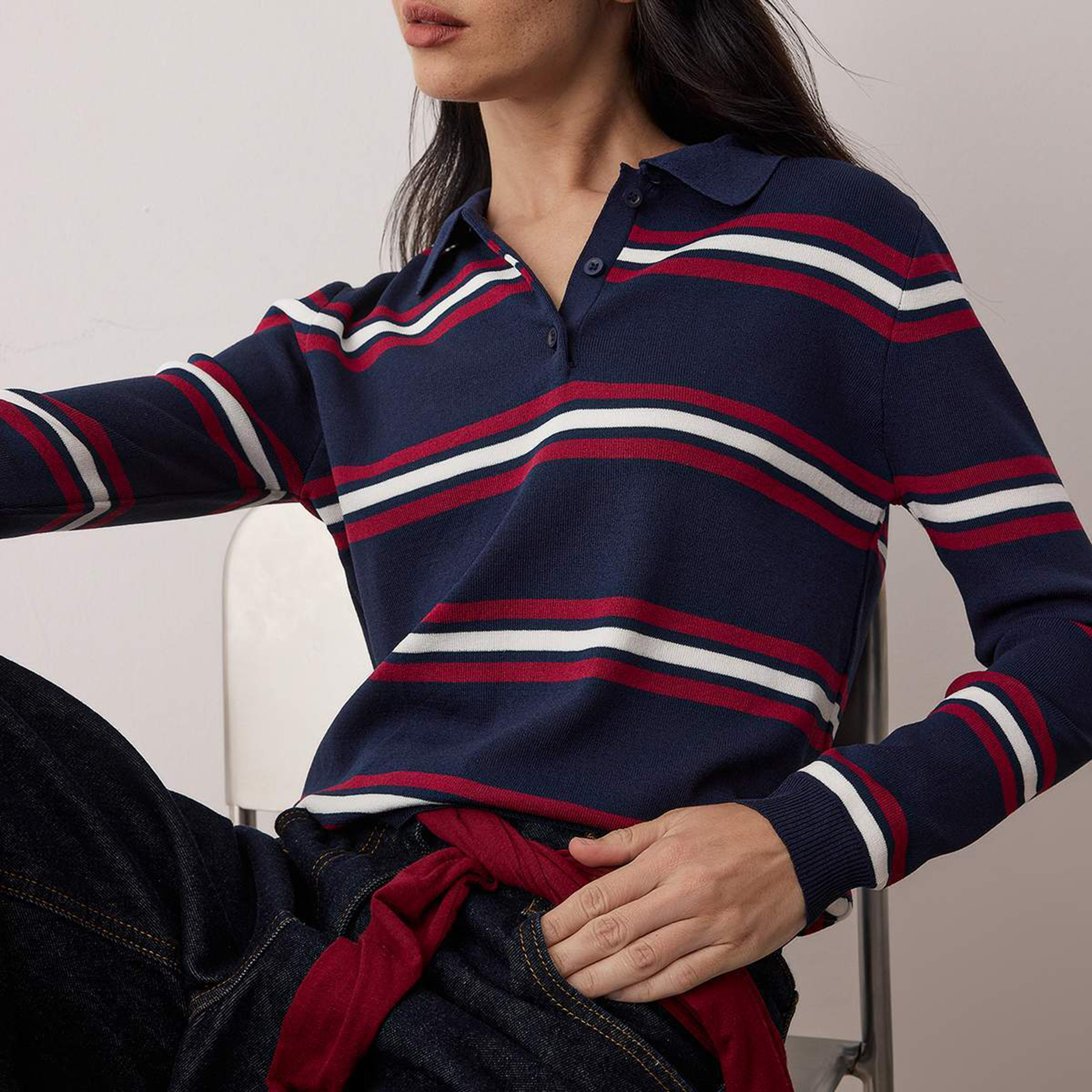 Trendyolmilla Navy Striped Collared Dropped Sleeves Women's Sweater-women-winterwear-cardigansandjumpers-jumpers-image-4