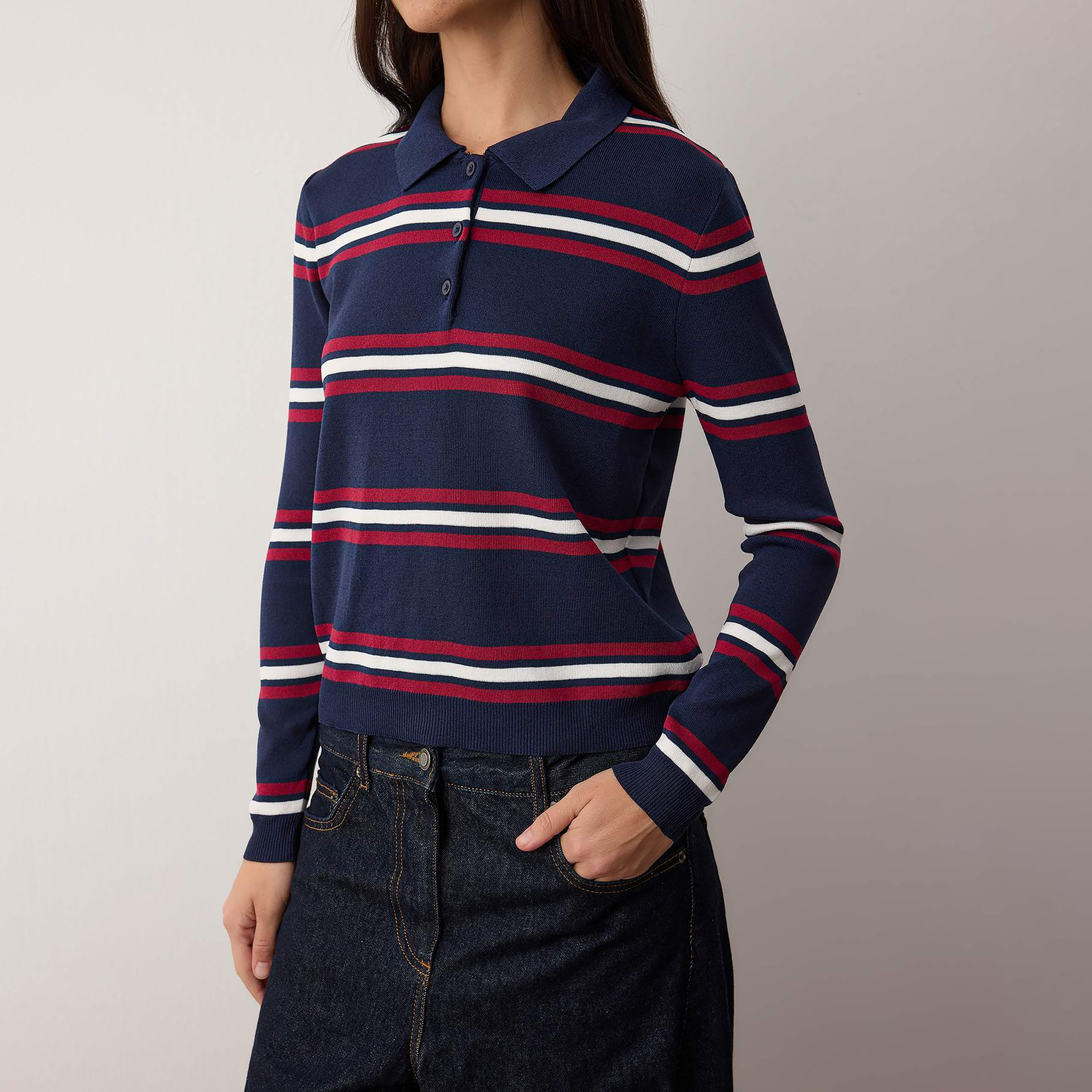 Trendyolmilla Navy Striped Collared Dropped Sleeves Women's Sweater-women-winterwear-cardigansandjumpers-jumpers-image-5