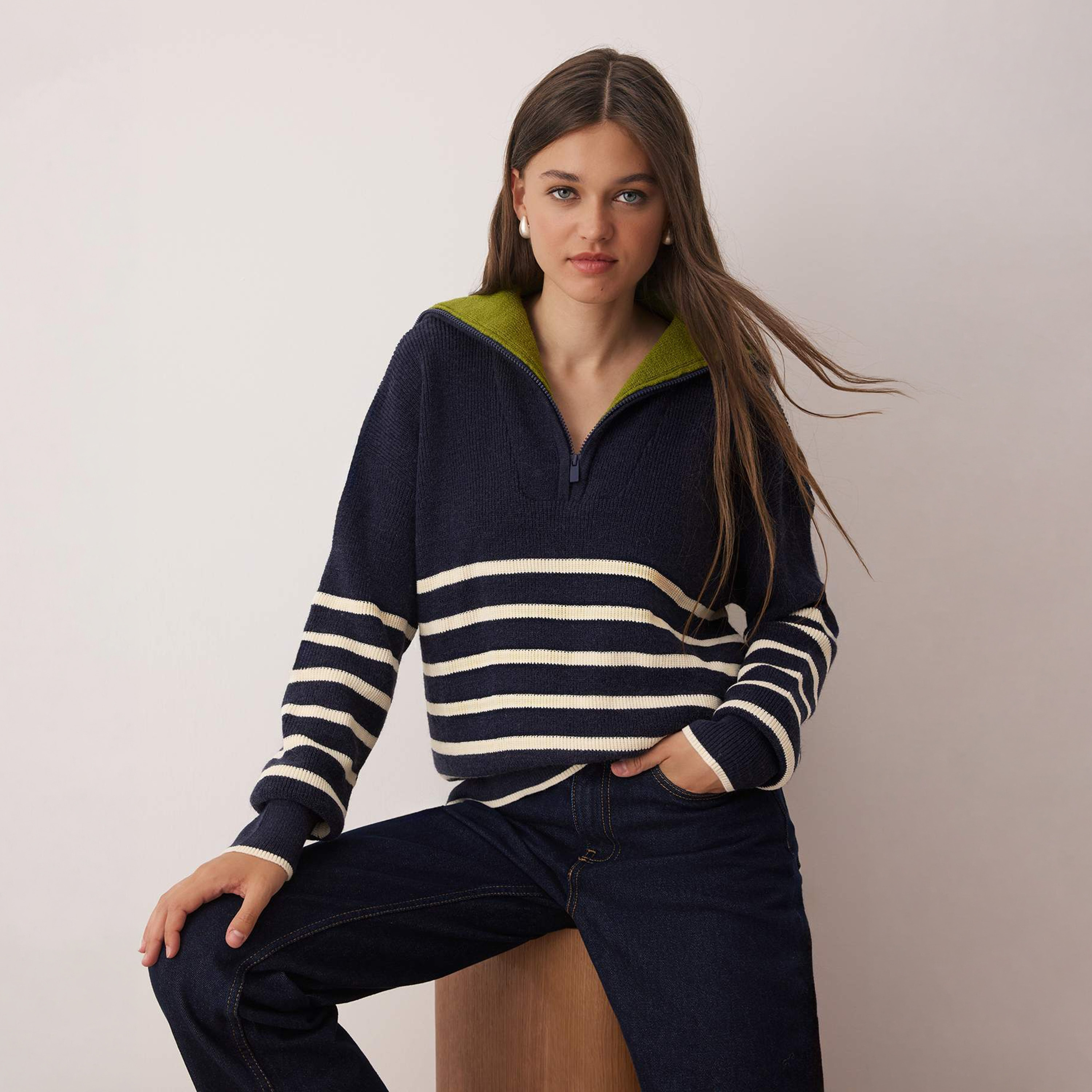 Trendyolmilla Navy Striped Collared Dropped Sleeves Women's Sweater-women-winterwear-cardigansandjumpers-jumpers-image-1