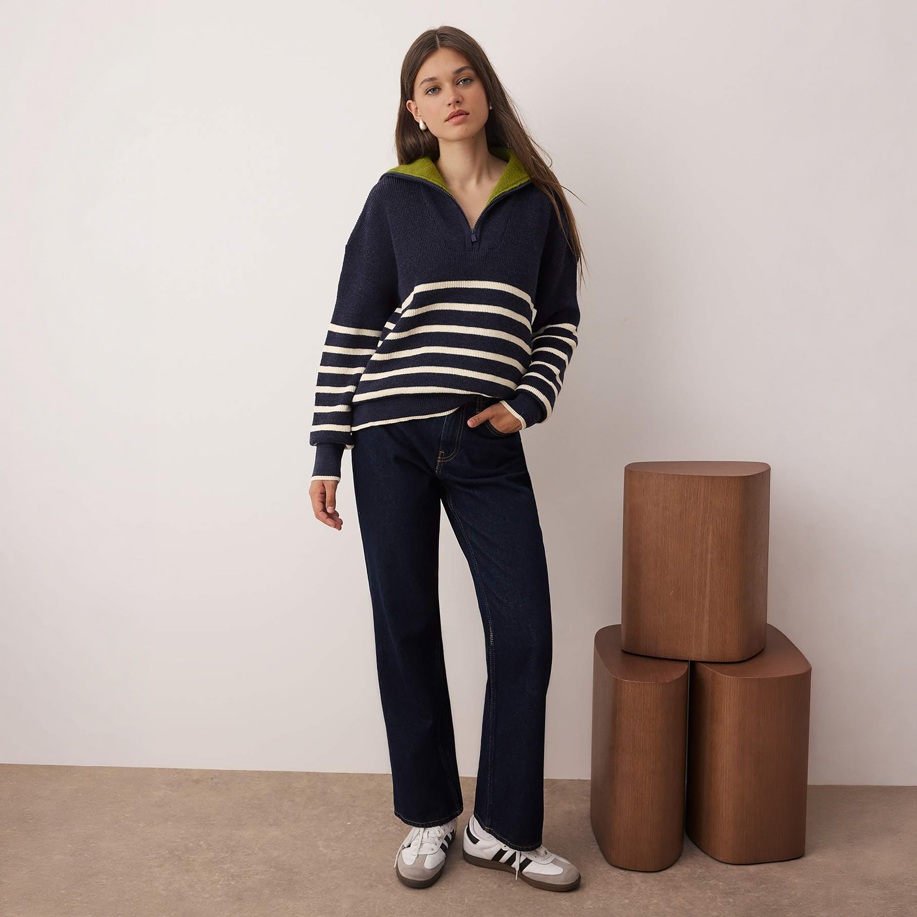 Trendyolmilla Navy Striped Collared Dropped Sleeves Women's Sweater-women-winterwear-cardigansandjumpers-jumpers-image-2