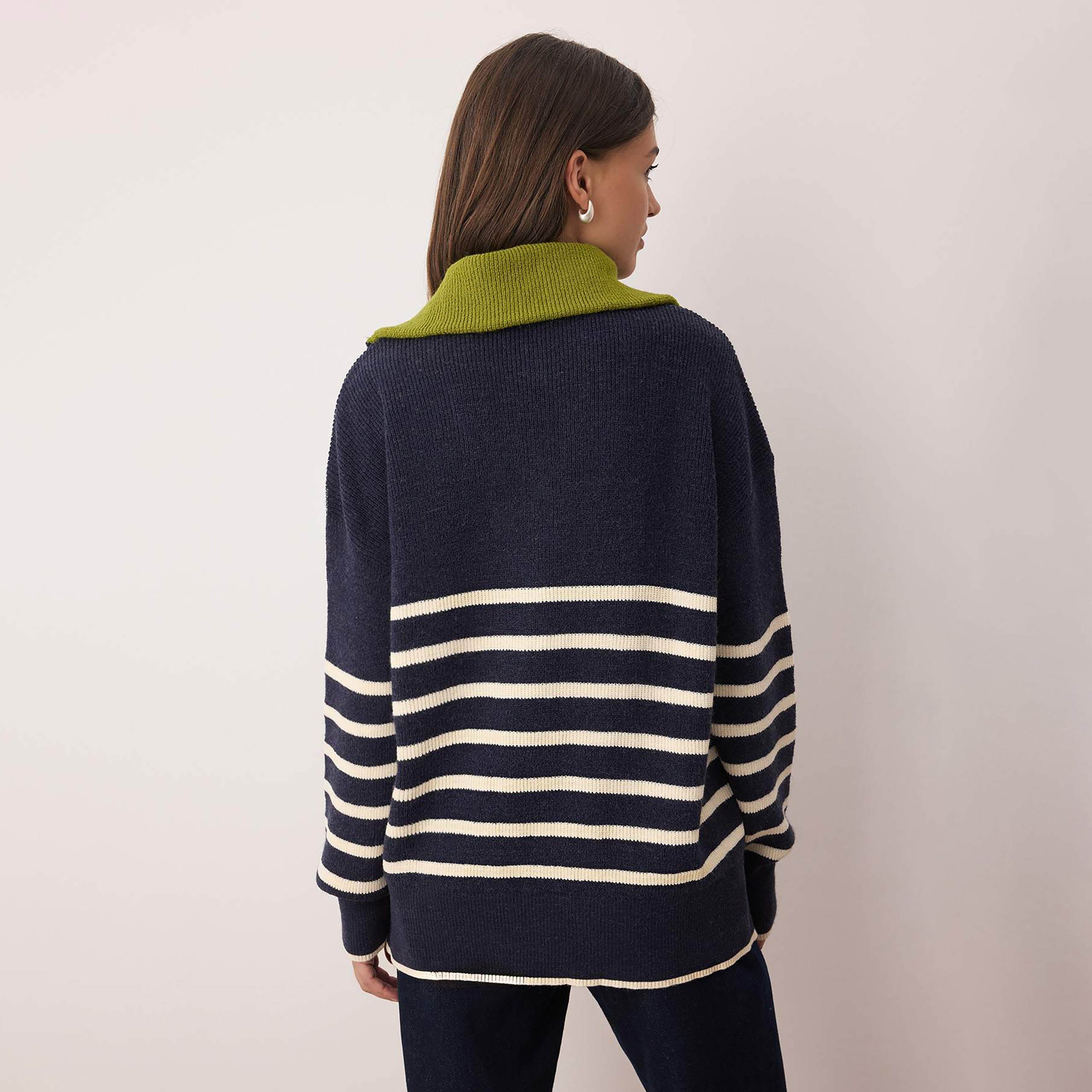 Trendyolmilla Navy Striped Collared Dropped Sleeves Women's Sweater-women-winterwear-cardigansandjumpers-jumpers-image-3