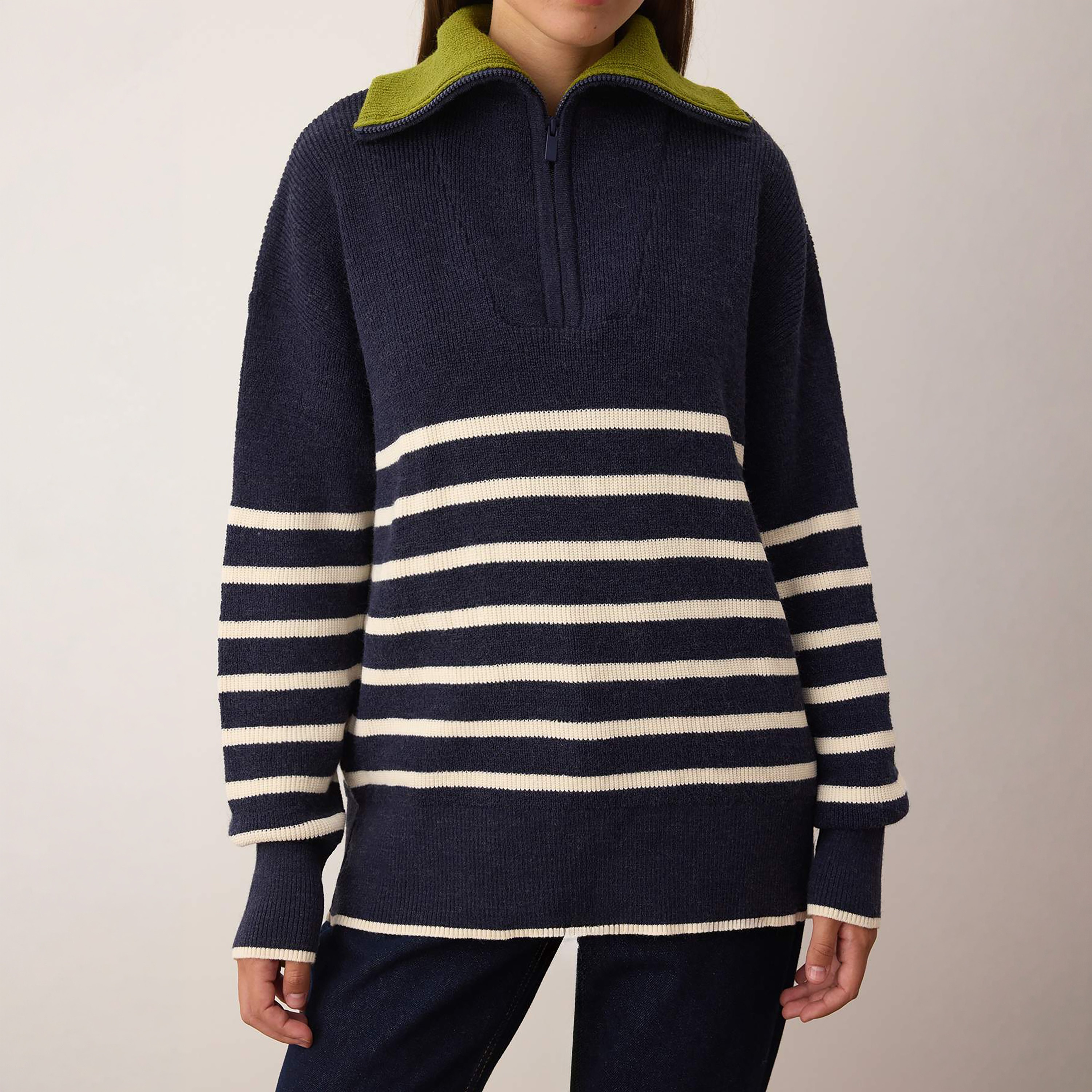 Trendyolmilla Navy Striped Collared Dropped Sleeves Women's Sweater-women-winterwear-cardigansandjumpers-jumpers-image-4