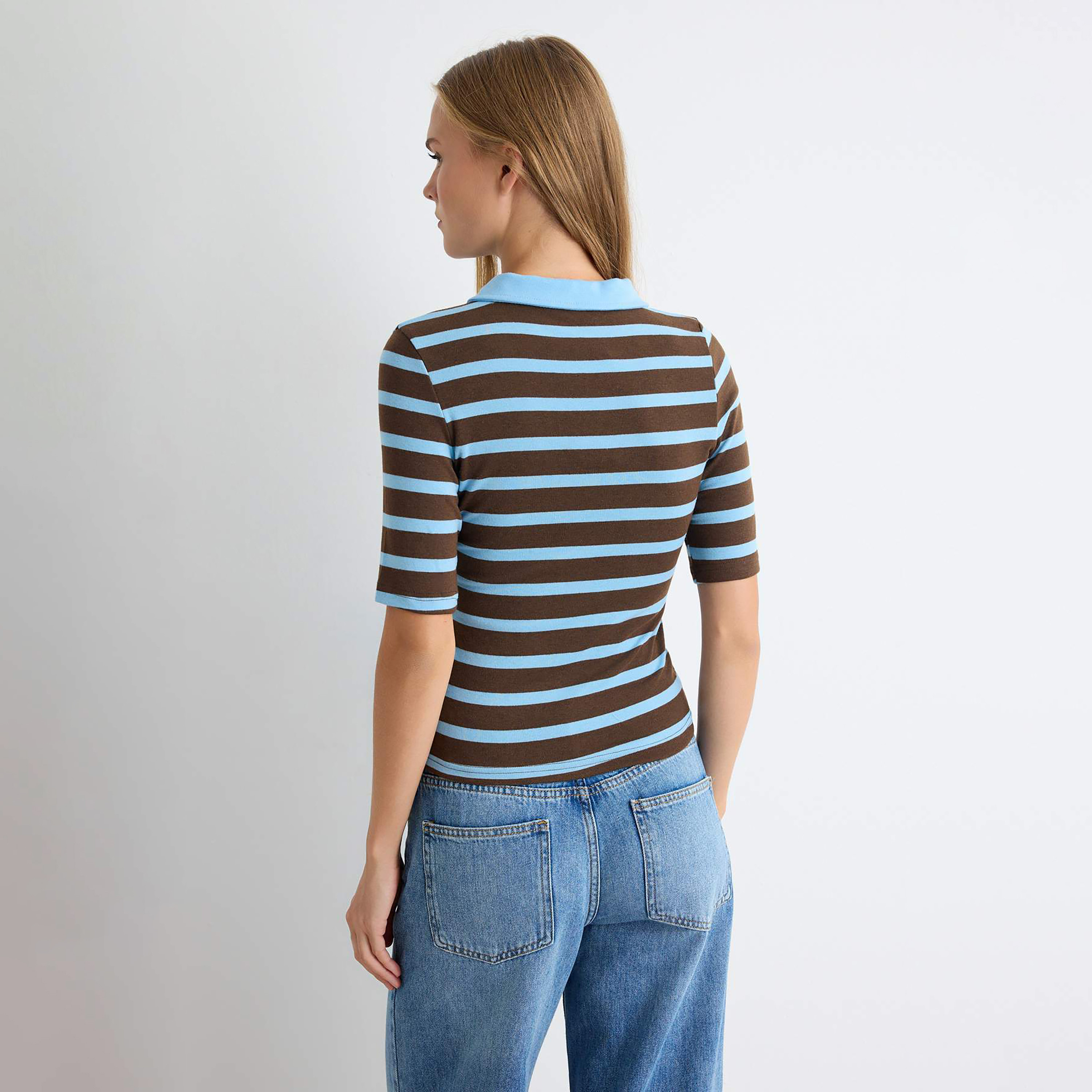 توب تريكو حريمي بني مخطط من القطن بياقة من تريندyolميلا-women-clothing-shirtsandblouses-blouses-image-3