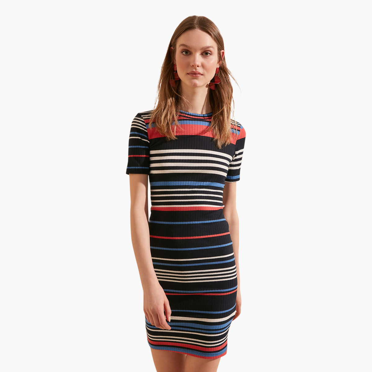 فستان ميدي قصّة ضيقة مخطط بياقة ضيقة وأكمام قصيرة من ترينديول-women-clothing-dresses-image-1