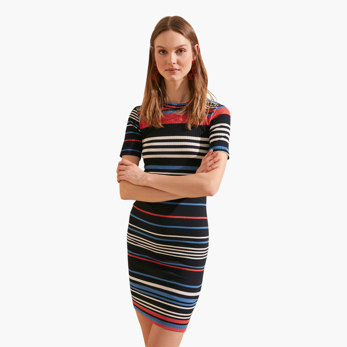 فستان ميدي قصّة ضيقة مخطط بياقة ضيقة وأكمام قصيرة من ترينديول-women-clothing-dresses-image-3