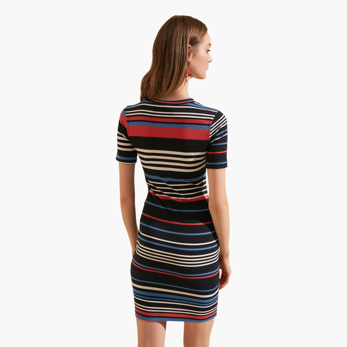 فستان ميدي قصّة ضيقة مخطط بياقة ضيقة وأكمام قصيرة من ترينديول-women-clothing-dresses-image-4
