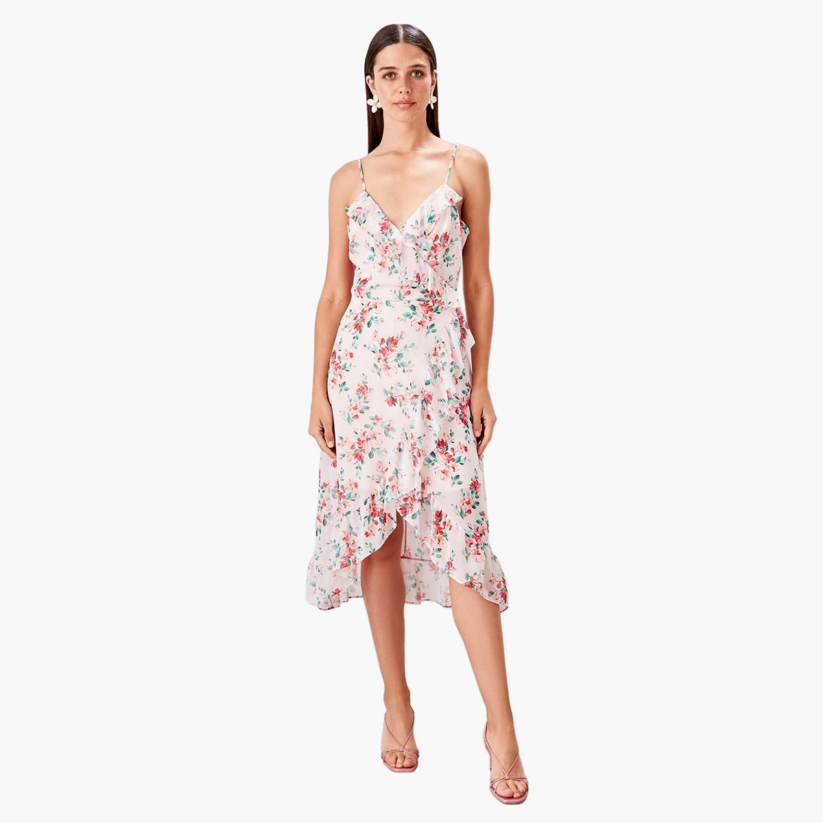 فستان ملفوف ميدي بياقة V وطبعات زهور من ترينديول-women-clothing-dresses-image-1