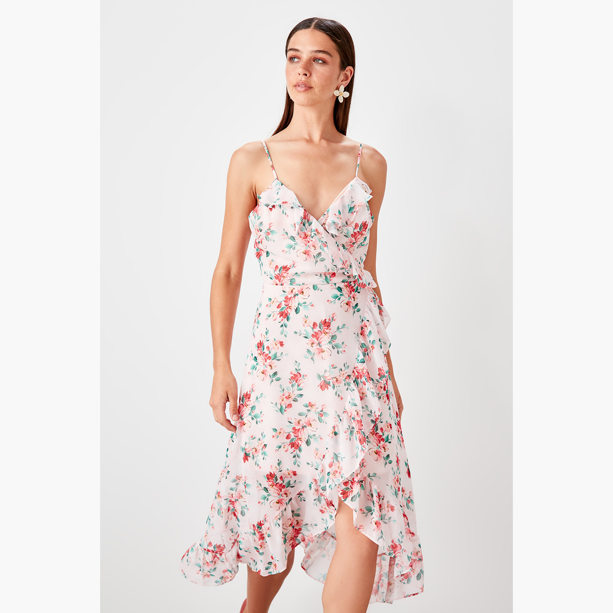 فستان ملفوف ميدي بياقة V وطبعات زهور من ترينديول-women-clothing-dresses-image-2