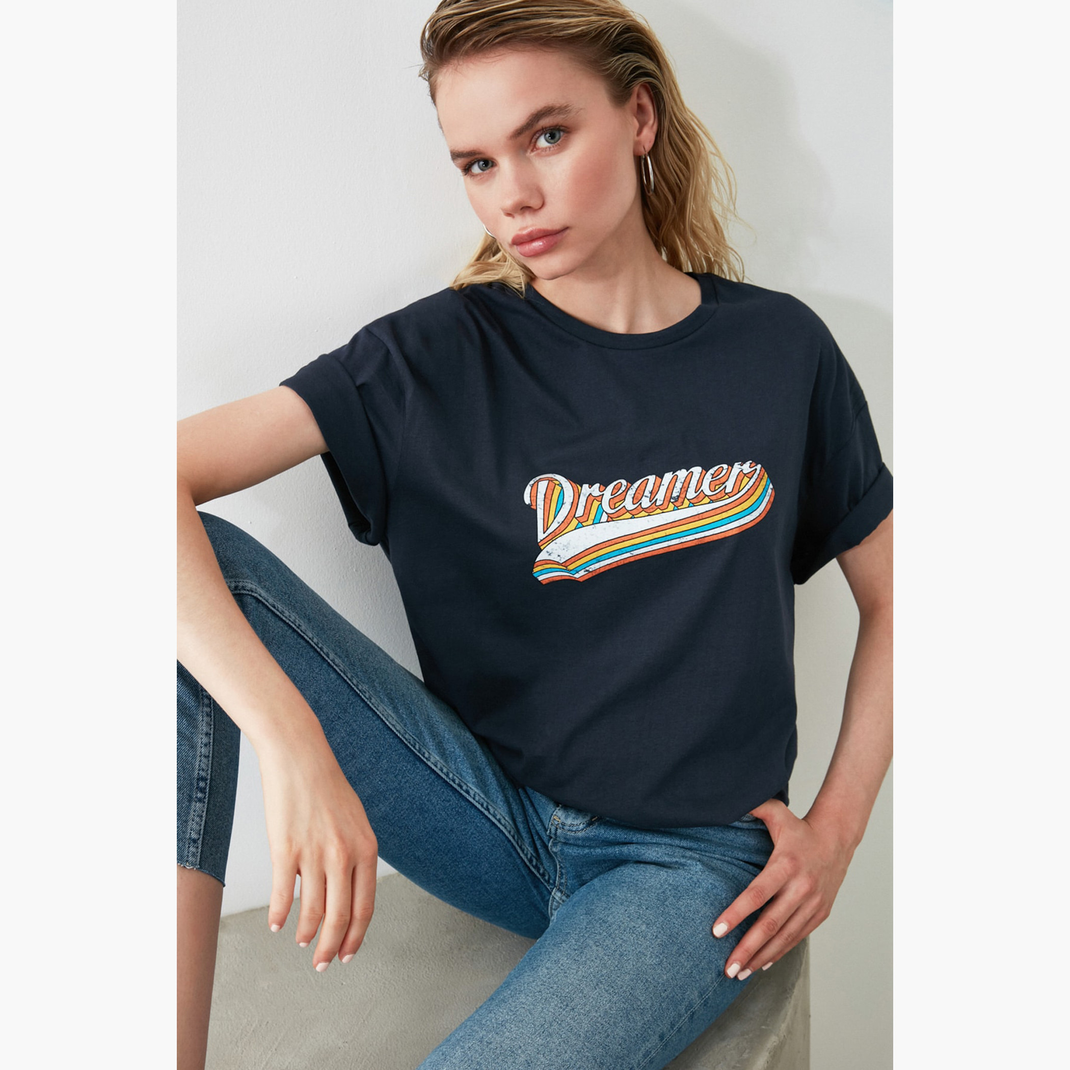 Trendyol Graphic Print T-shirt with Crew Neck and Short Sleeves-women-clothing-tshirts-image-2