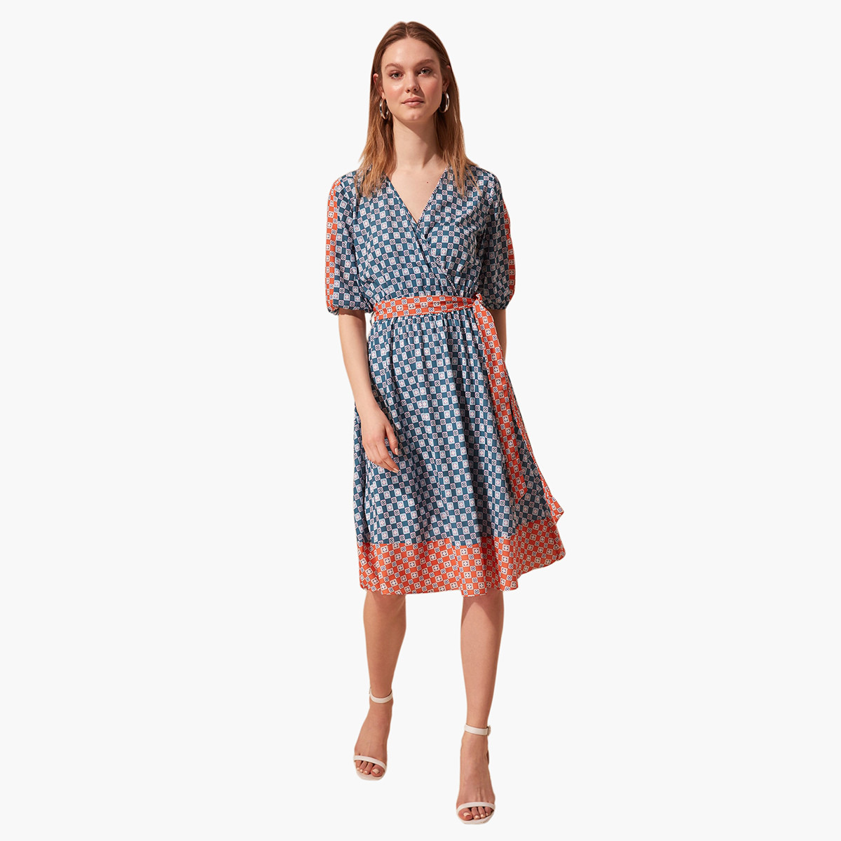 Trendyol Printed Midi Wrap Dress with Lantern Sleeves-women-clothing-dresses-image-1