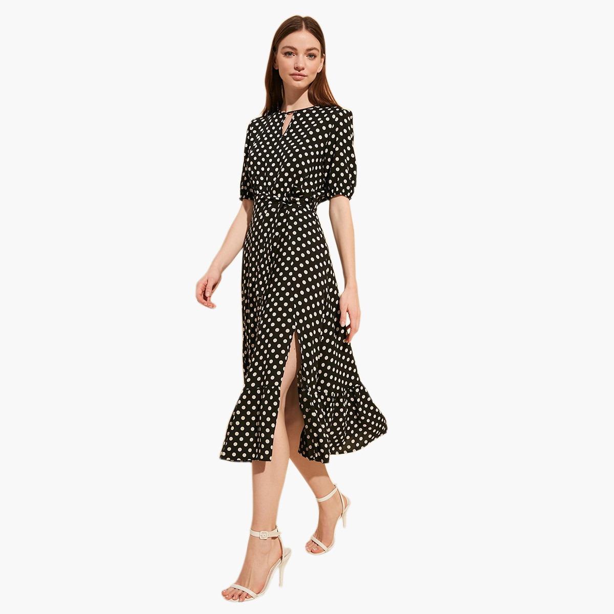 فستان ميدي منقط بفتحة وياقة بفتحة وأكمام باف-women-clothing-dresses-image-6