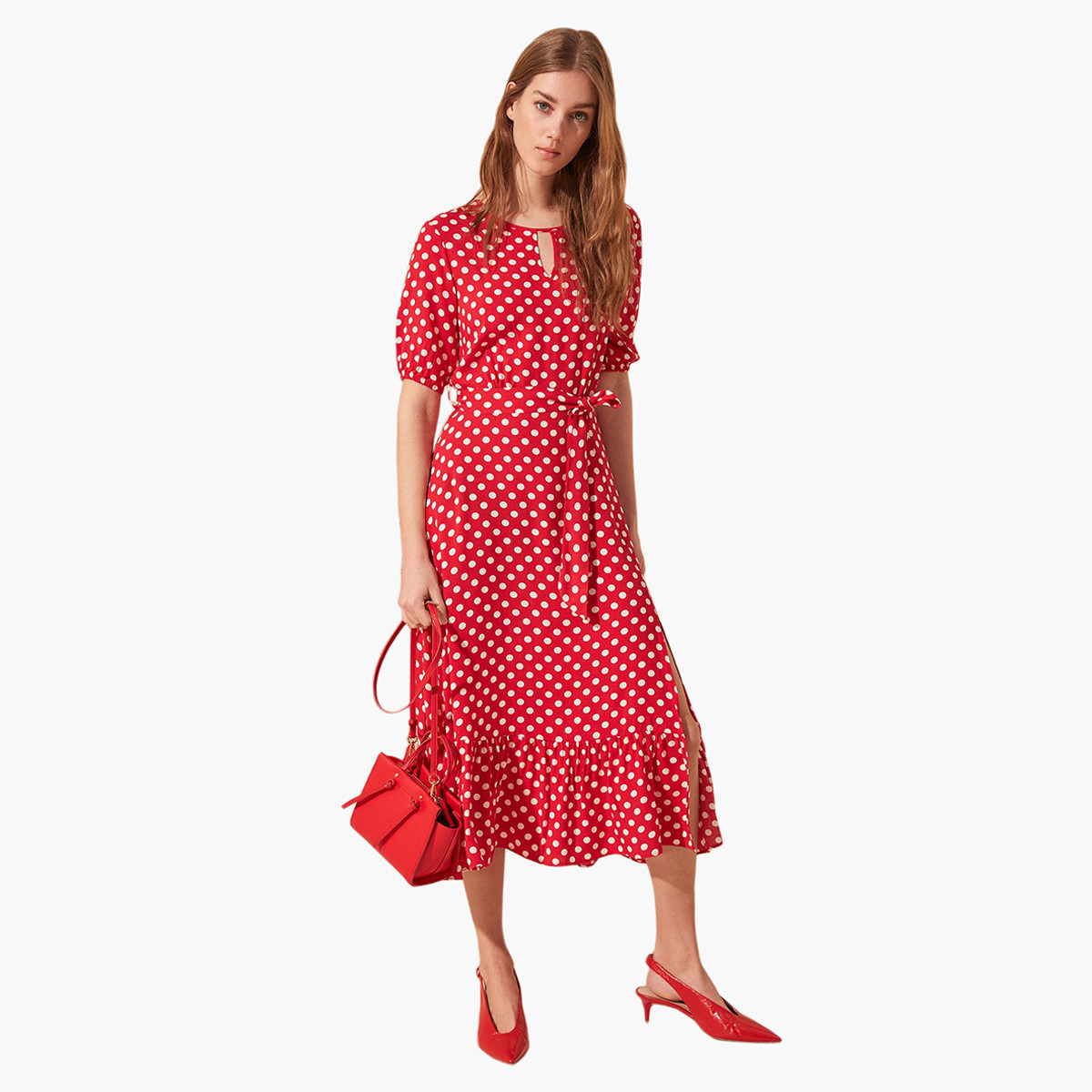 Trendyol Polka Dot Midi Slit Dress with Keyhole Neck and Puff Sleeves-women-clothing-dresses-image-1