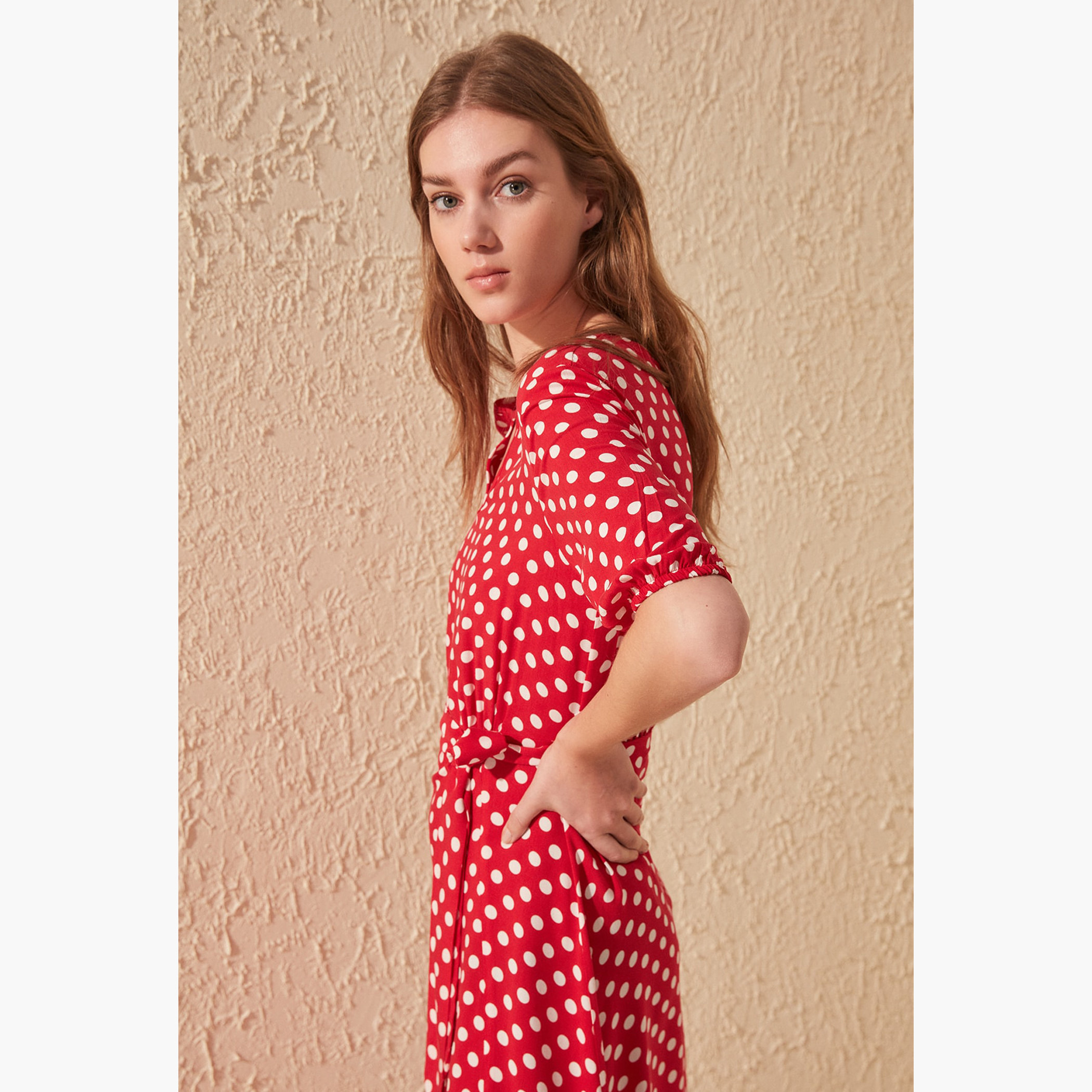 Trendyol Polka Dot Midi Slit Dress with Keyhole Neck and Puff Sleeves-women-clothing-dresses-image-3