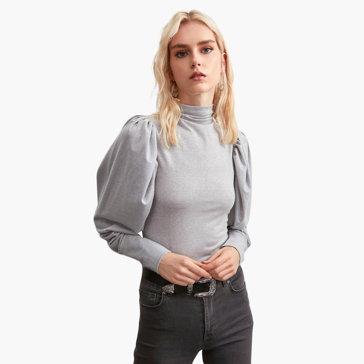 بلوزة بارزة الملمس بياقة عالية وأكمام منتفخة من ترينديول-women-clothing-shirtsandblouses-blouses-image-1