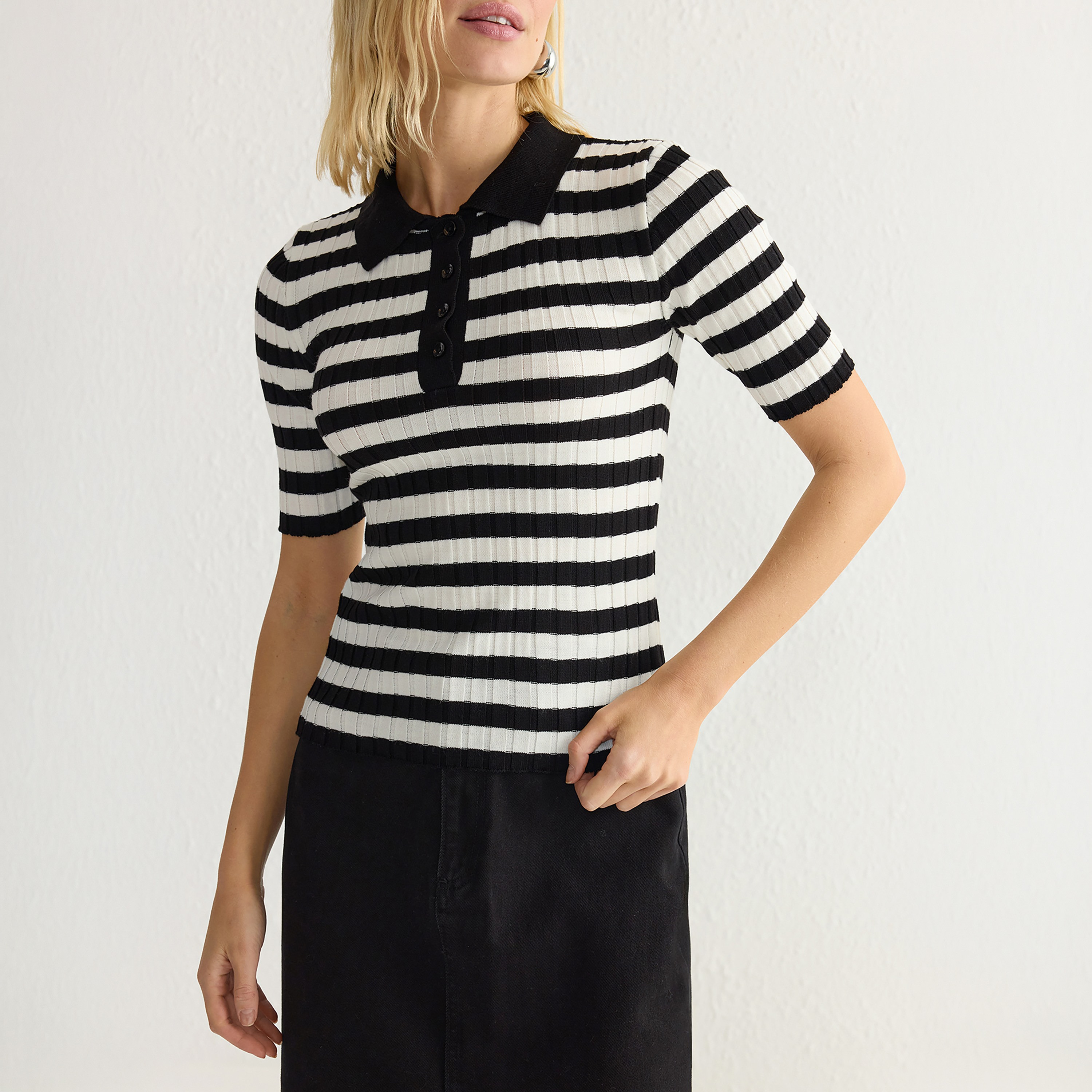 Trendyolmilla Black Striped Collared Women's Knit Top-women-clothing-shirtsandblouses-blouses-image-5