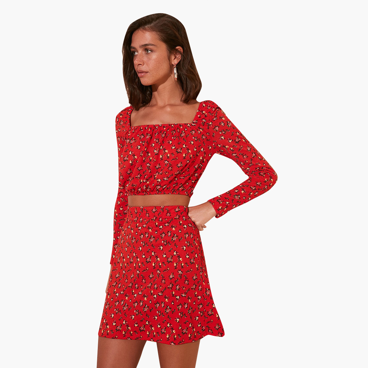 فستان قصيرإيه لاين بياقة مربعة وطبعات أزهار من ترينديول-women-clothing-dresses-image-2