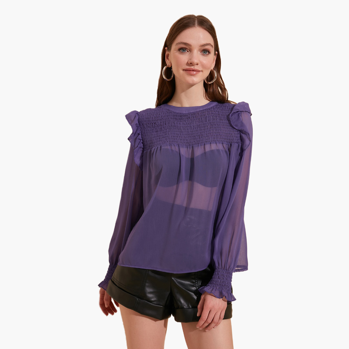 Trendyol Textured Top with Long Sleeves and Smocking Detail-women-clothing-shirtsandblouses-blouses-image-4