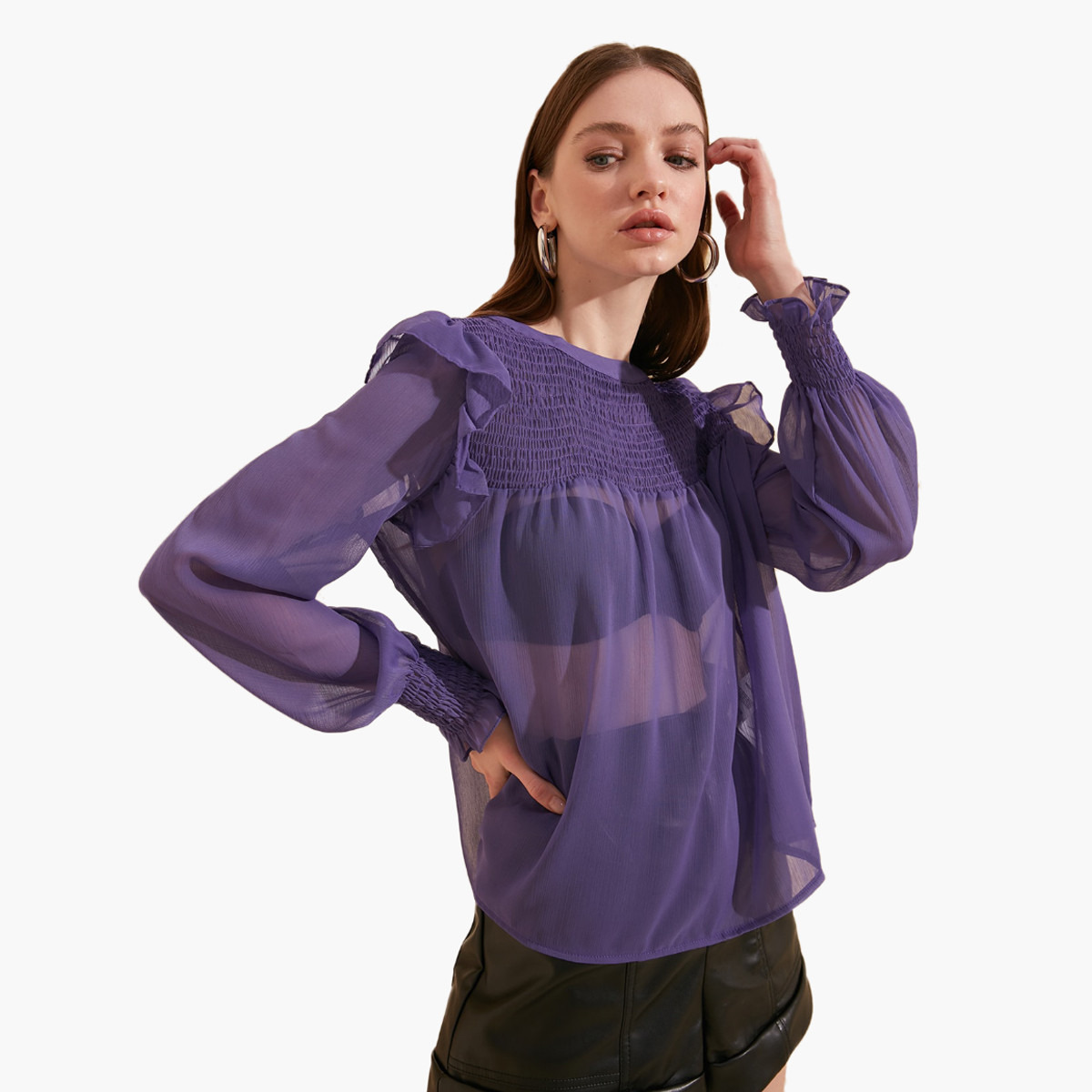 Trendyol Textured Top with Long Sleeves and Smocking Detail-women-clothing-shirtsandblouses-blouses-image-5