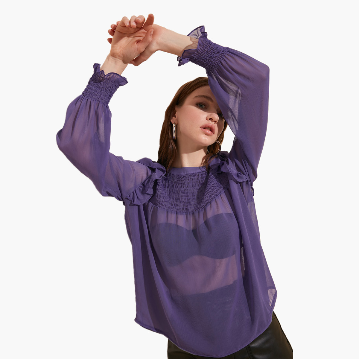 Trendyol Textured Top with Long Sleeves and Smocking Detail-women-clothing-shirtsandblouses-blouses-image-6