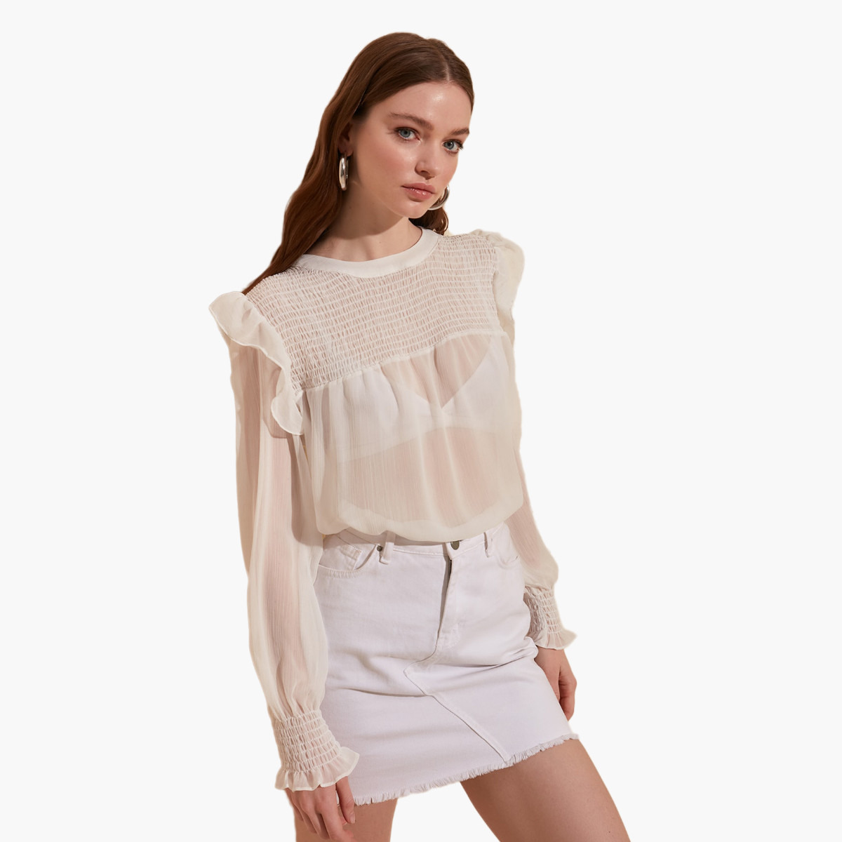 Trendyol Textured Top with Long Sleeves and Smocking Detail-women-clothing-shirtsandblouses-blouses-image-1
