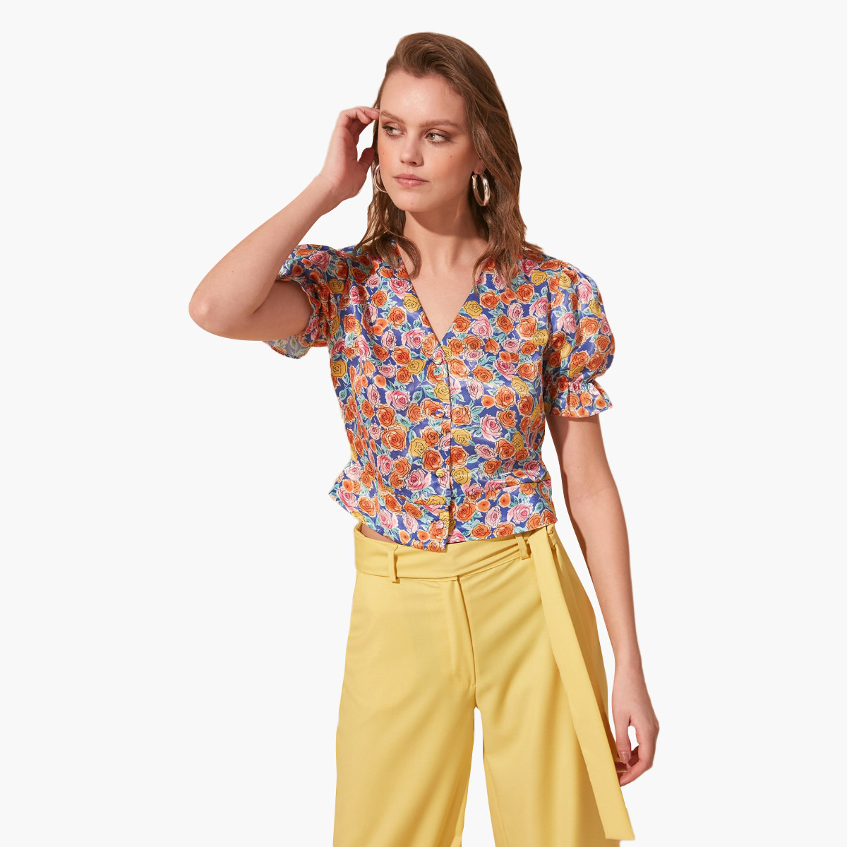 Trendyol Floral Print Top with V-neck and Puff Sleeves-women-clothing-shirtsandblouses-blouses-image-2