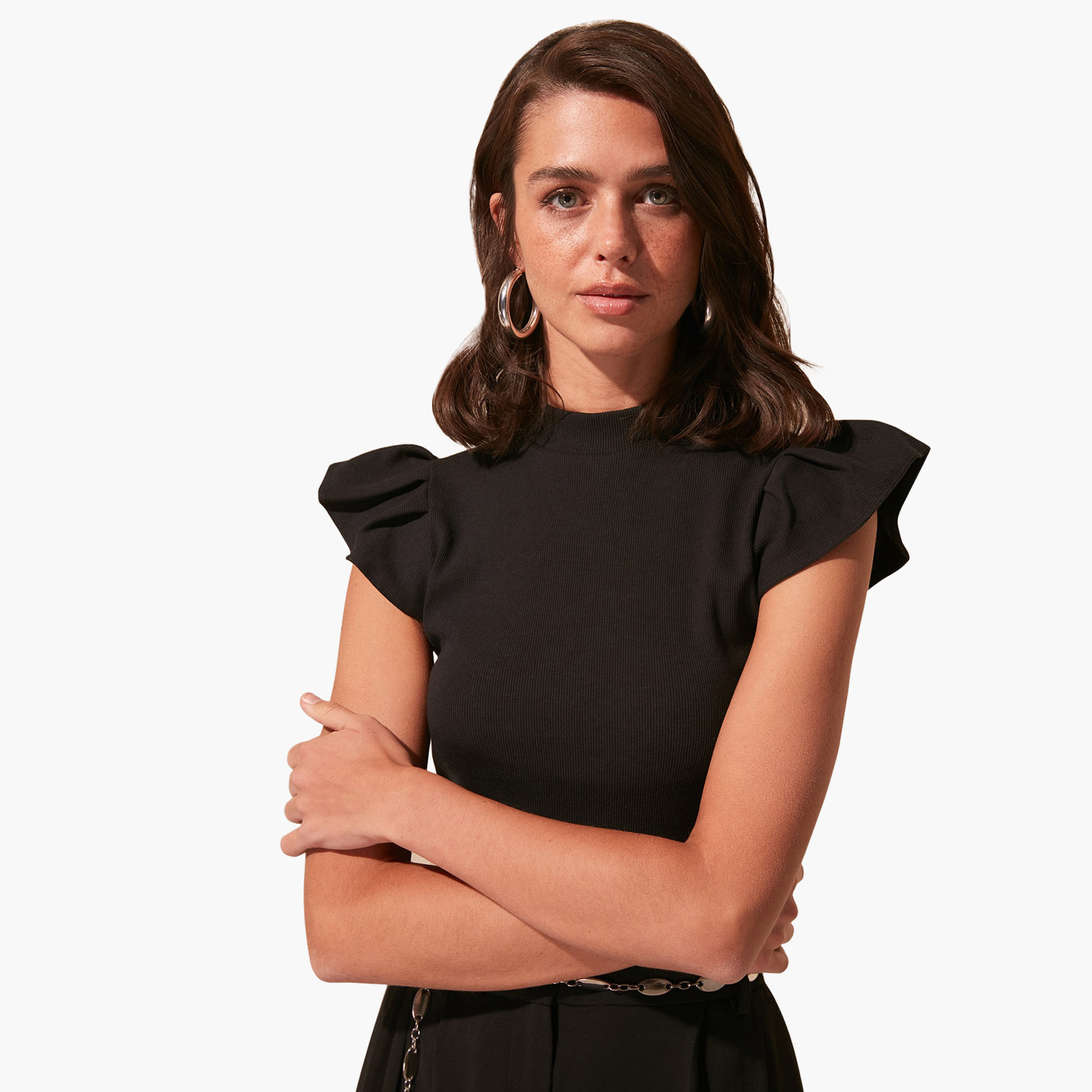 Trendyol Textured High Neck Knit Top with Cap Sleeves-women-clothing-shirtsandblouses-blouses-image-1