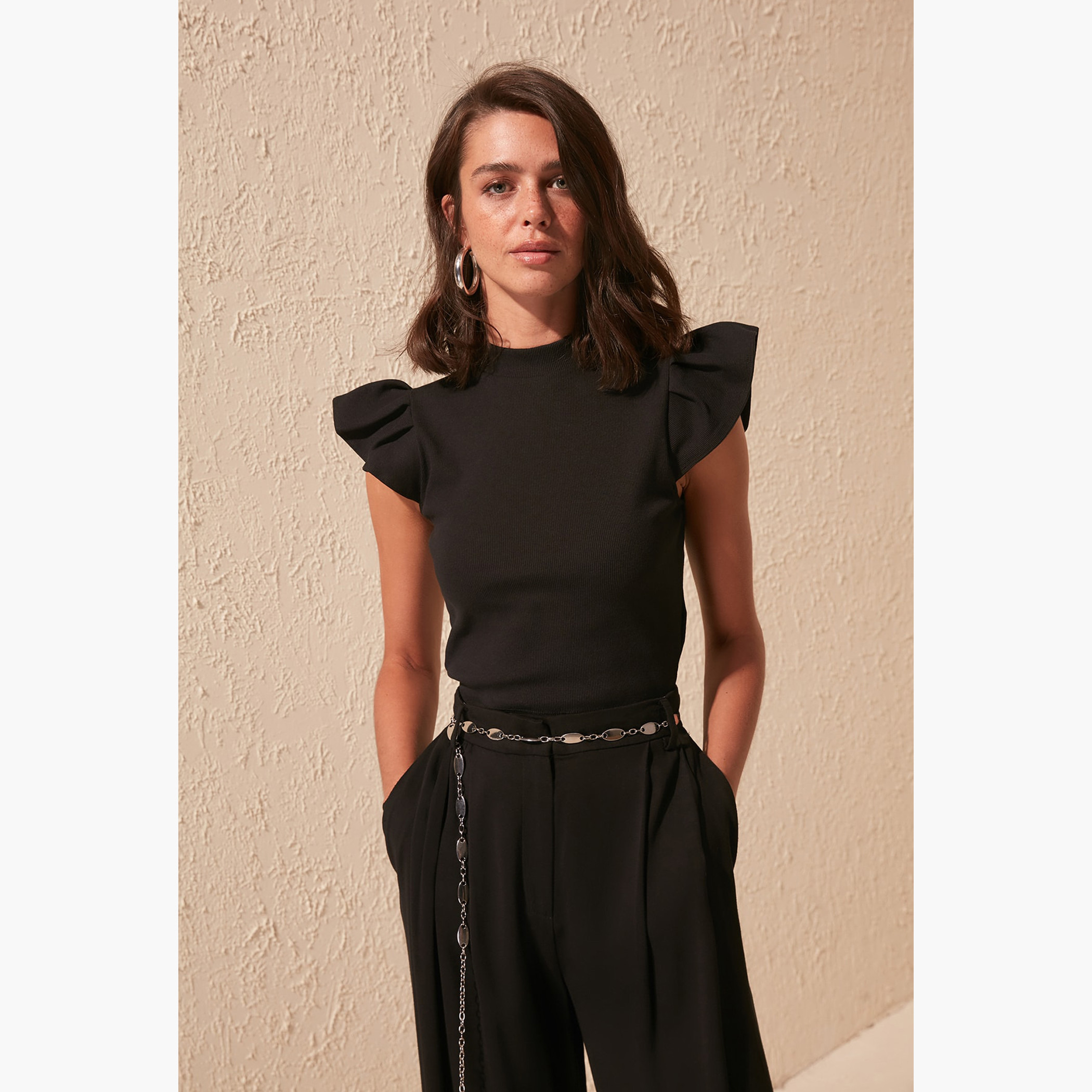 Trendyol Textured High Neck Knit Top with Cap Sleeves-women-clothing-shirtsandblouses-blouses-image-3