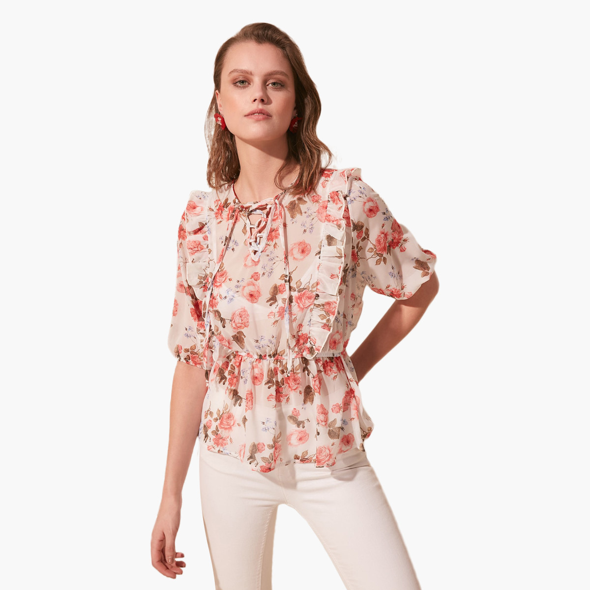 Trendyol Printed Top with Ruffle Detail and Tie Ups-women-clothing-shirtsandblouses-blouses-image-1