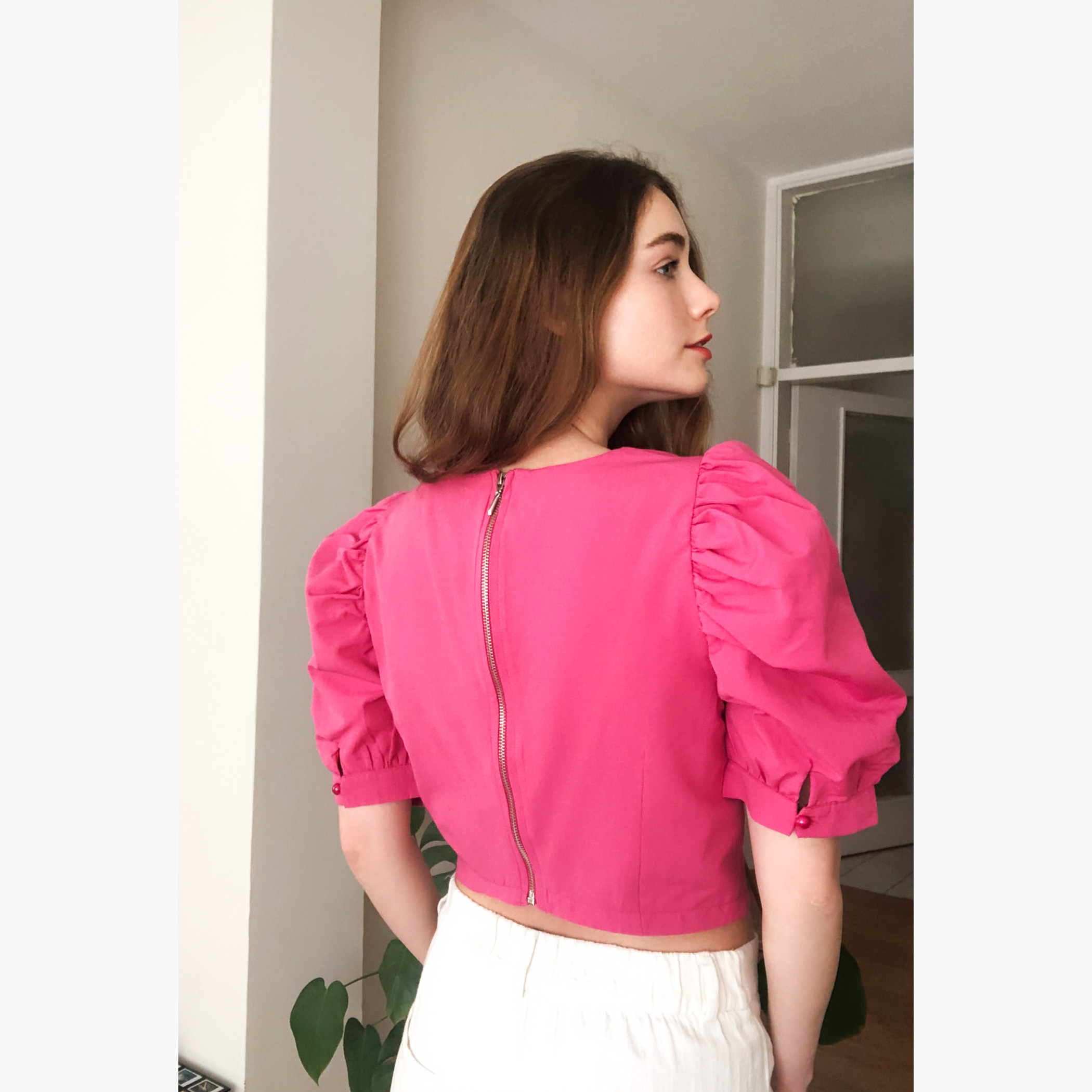 Trendyol Solid Crop Top with Puff Sleeves and Zip Closure-women-clothing-shirtsandblouses-blouses-image-5
