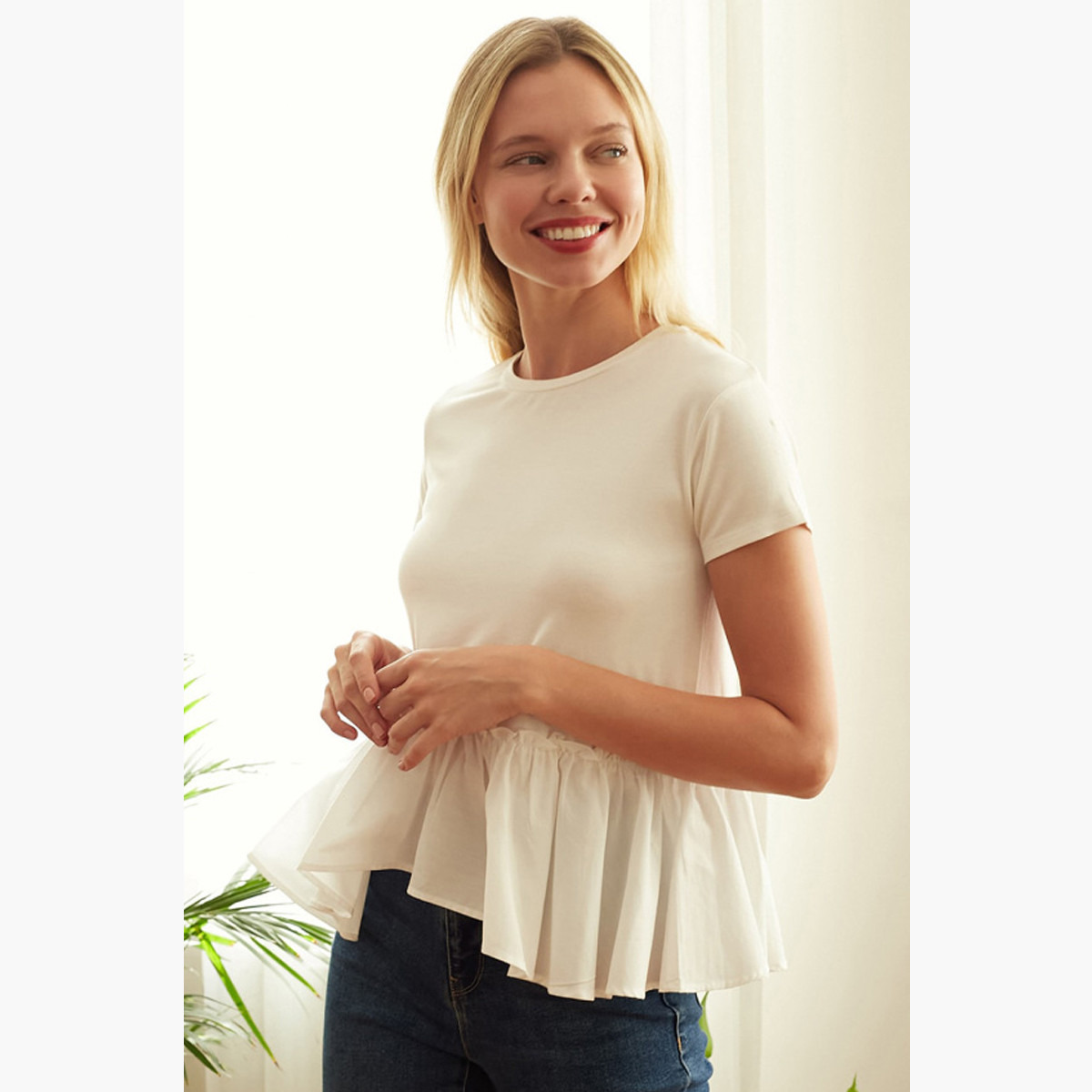 Trendyol Solid Peplum Top with Short Sleeves-women-clothing-shirtsandblouses-blouses-image-1