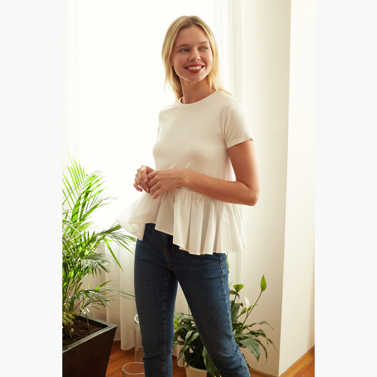 Trendyol Solid Peplum Top with Short Sleeves-women-clothing-shirtsandblouses-blouses-image-2
