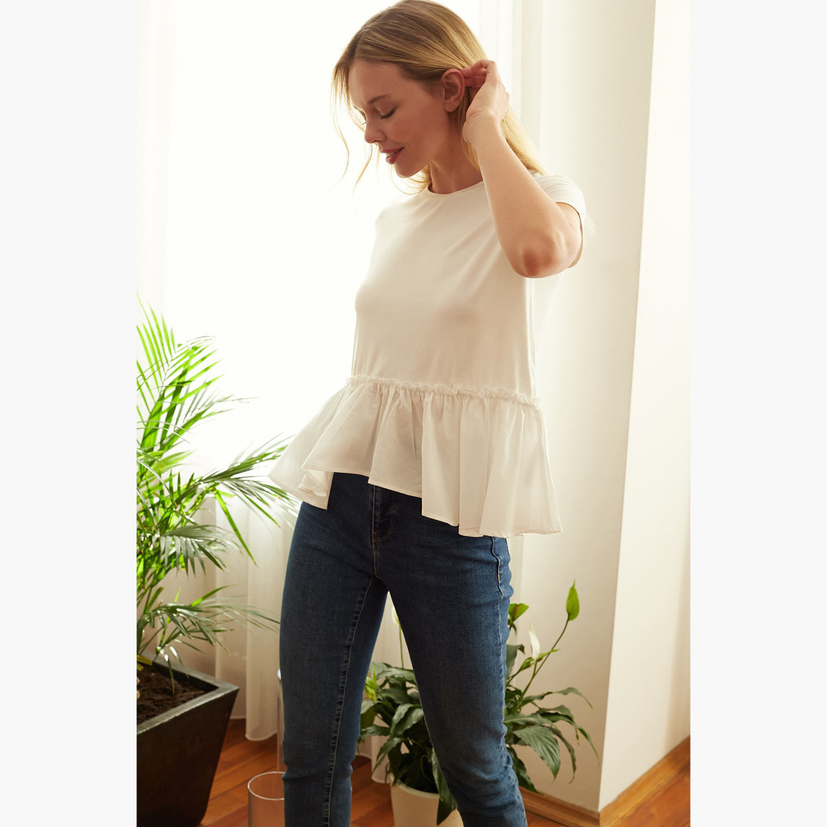 Trendyol Solid Peplum Top with Short Sleeves-women-clothing-shirtsandblouses-blouses-image-4