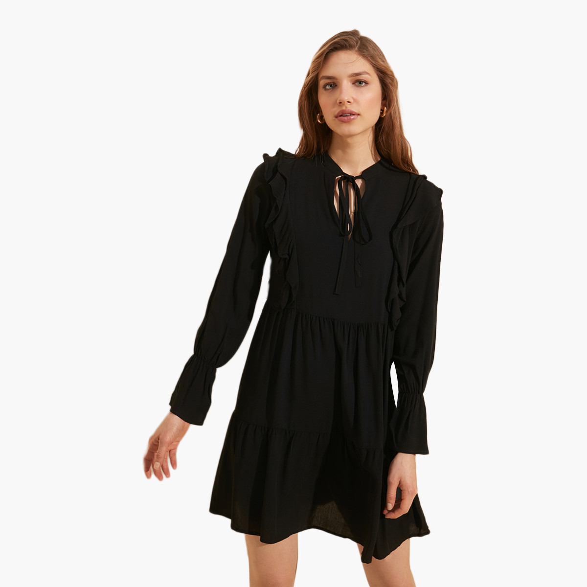 Trendyol Solid Mini A-line Dress with Ruffle Detail and Long Sleeves-women-clothing-dresses-image-1