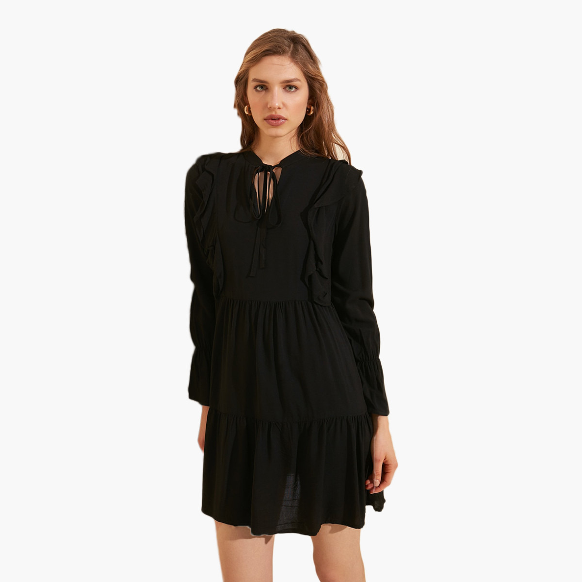 Trendyol Solid Mini A-line Dress with Ruffle Detail and Long Sleeves-women-clothing-dresses-image-2
