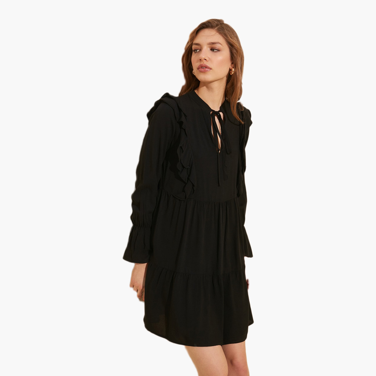 Trendyol Solid Mini A-line Dress with Ruffle Detail and Long Sleeves-women-clothing-dresses-image-3