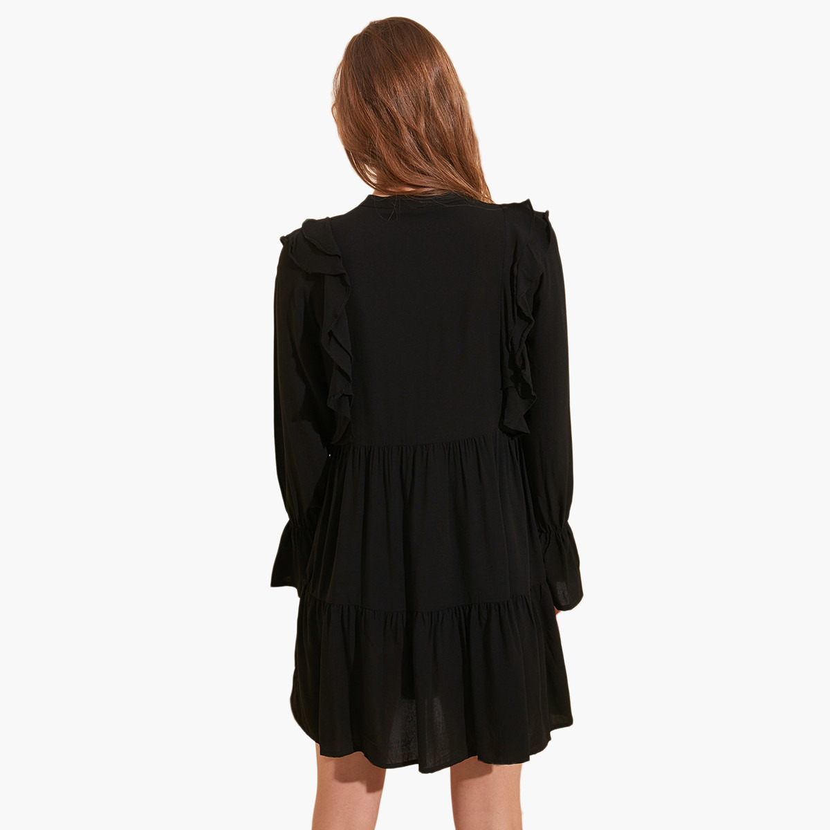 Trendyol Solid Mini A-line Dress with Ruffle Detail and Long Sleeves-women-clothing-dresses-image-4