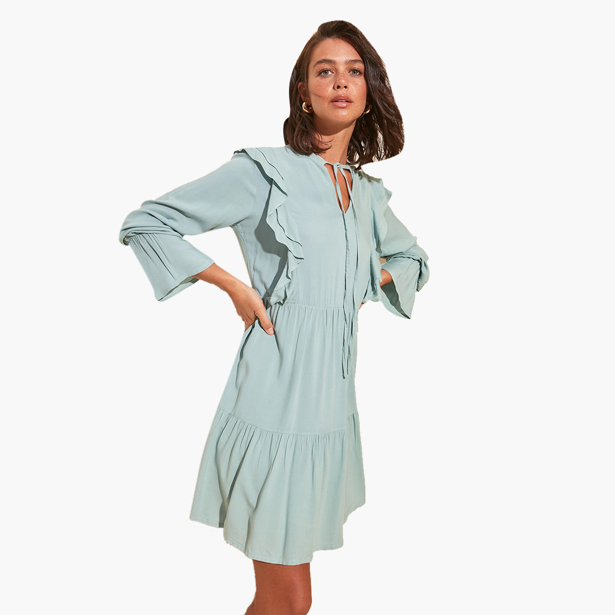 Trendyol Solid Mini A-line Dress with Ruffle Detail and Long Sleeves-women-clothing-dresses-image-5
