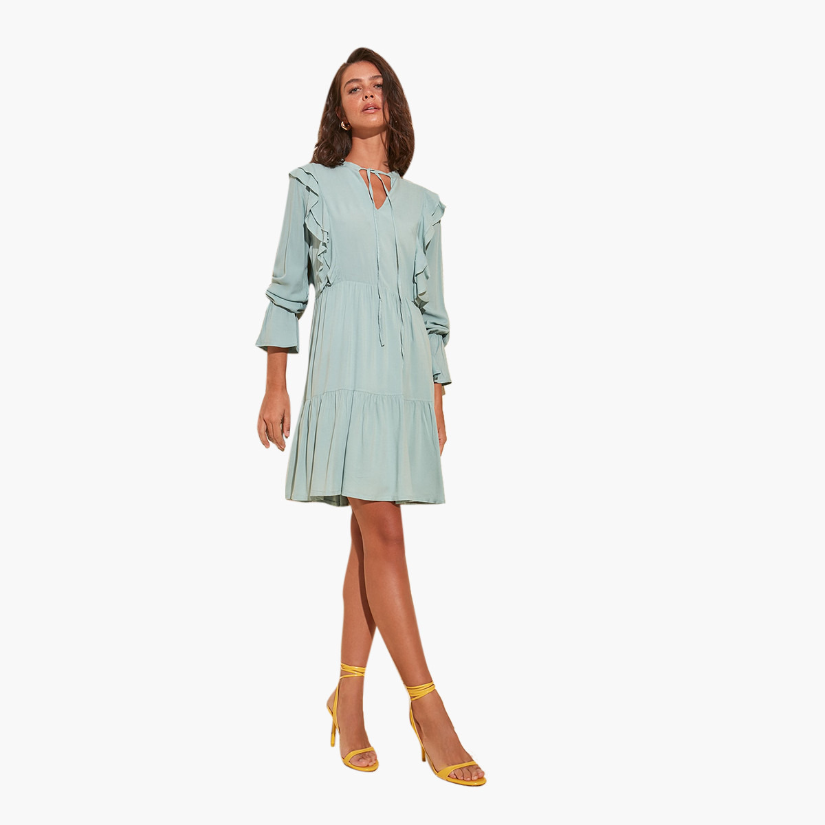 Trendyol Solid Mini A-line Dress with Ruffle Detail and Long Sleeves-women-clothing-dresses-image-6