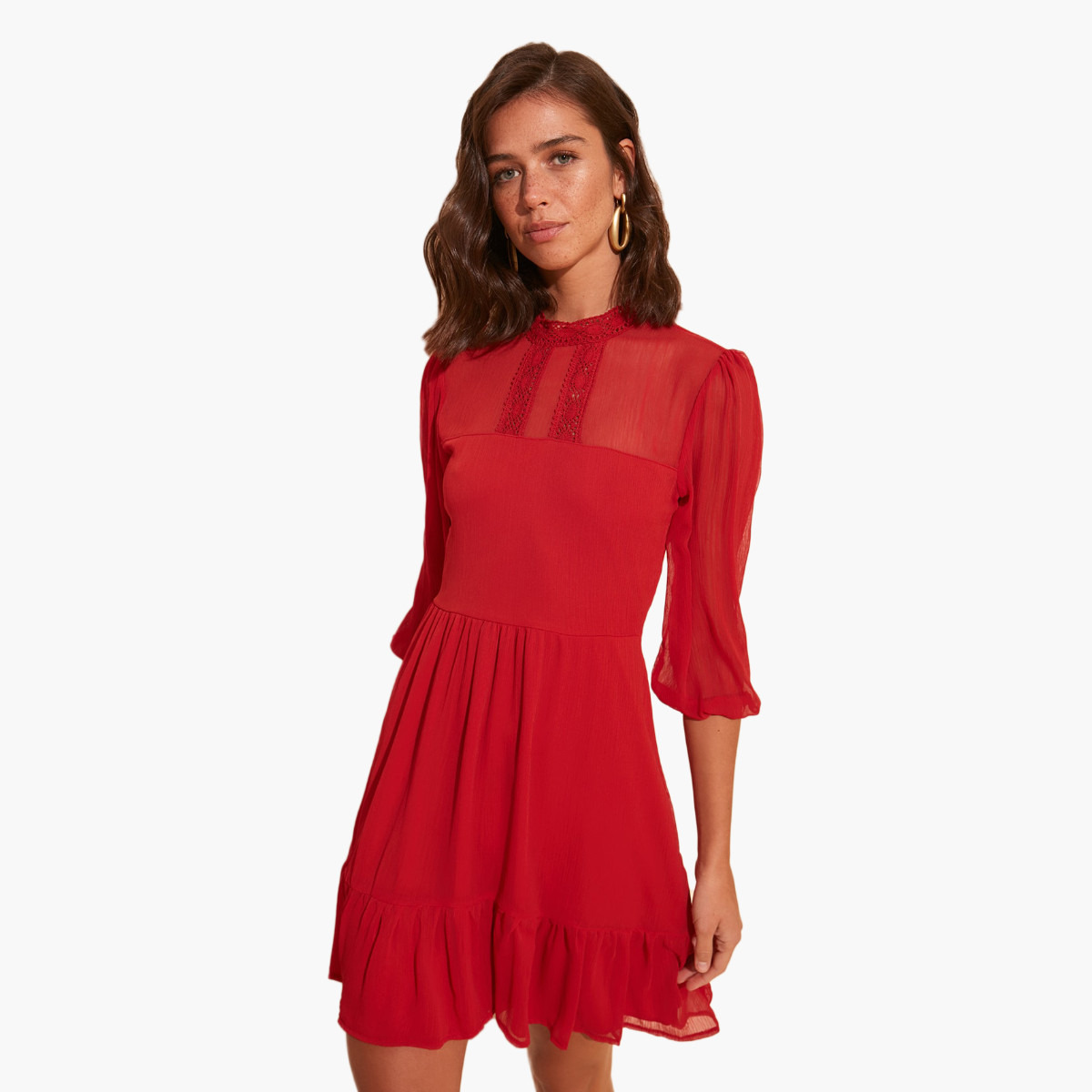فستان دانتيل قصير إيه لاين بأكمام 3/4 من ترينديول-women-clothing-dresses-image-2