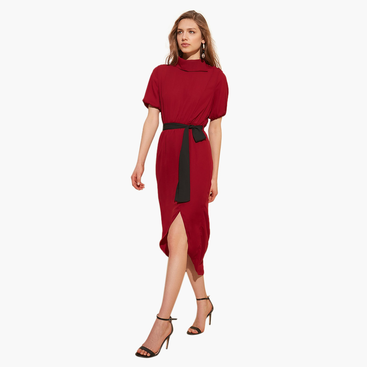 Trendyol Low-High Midi Dress with Foldover Collar and Slit Detail-women-clothing-dresses-image-1