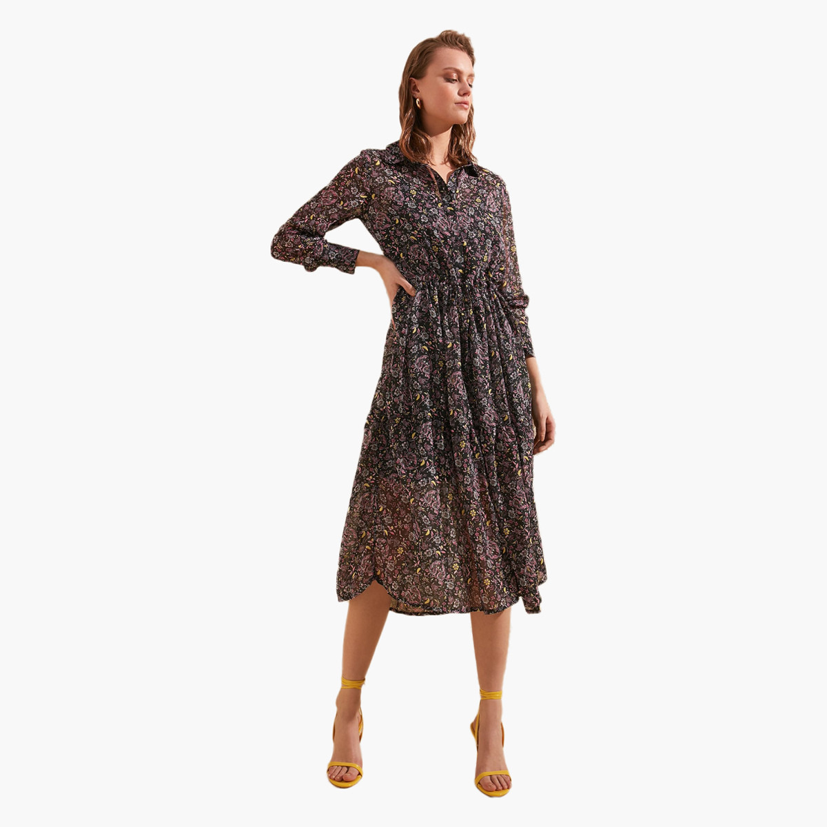 Trendyol Floral Print A-line Midi Dress with Long Sleeves-women-clothing-dresses-image-1