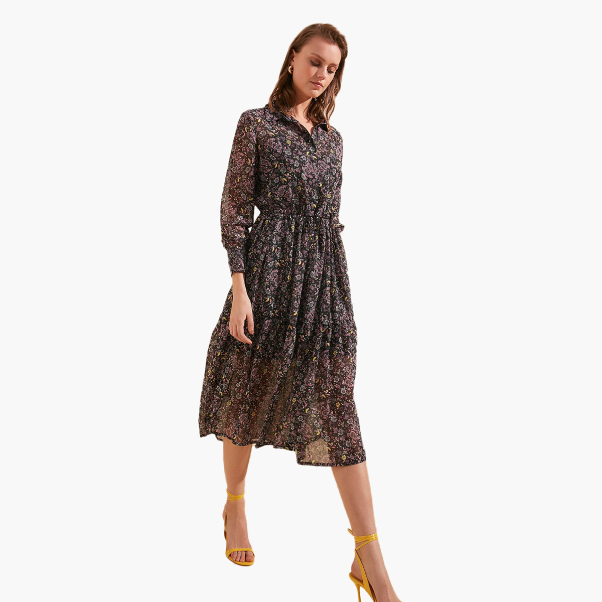 Trendyol Floral Print A-line Midi Dress with Long Sleeves-women-clothing-dresses-image-2
